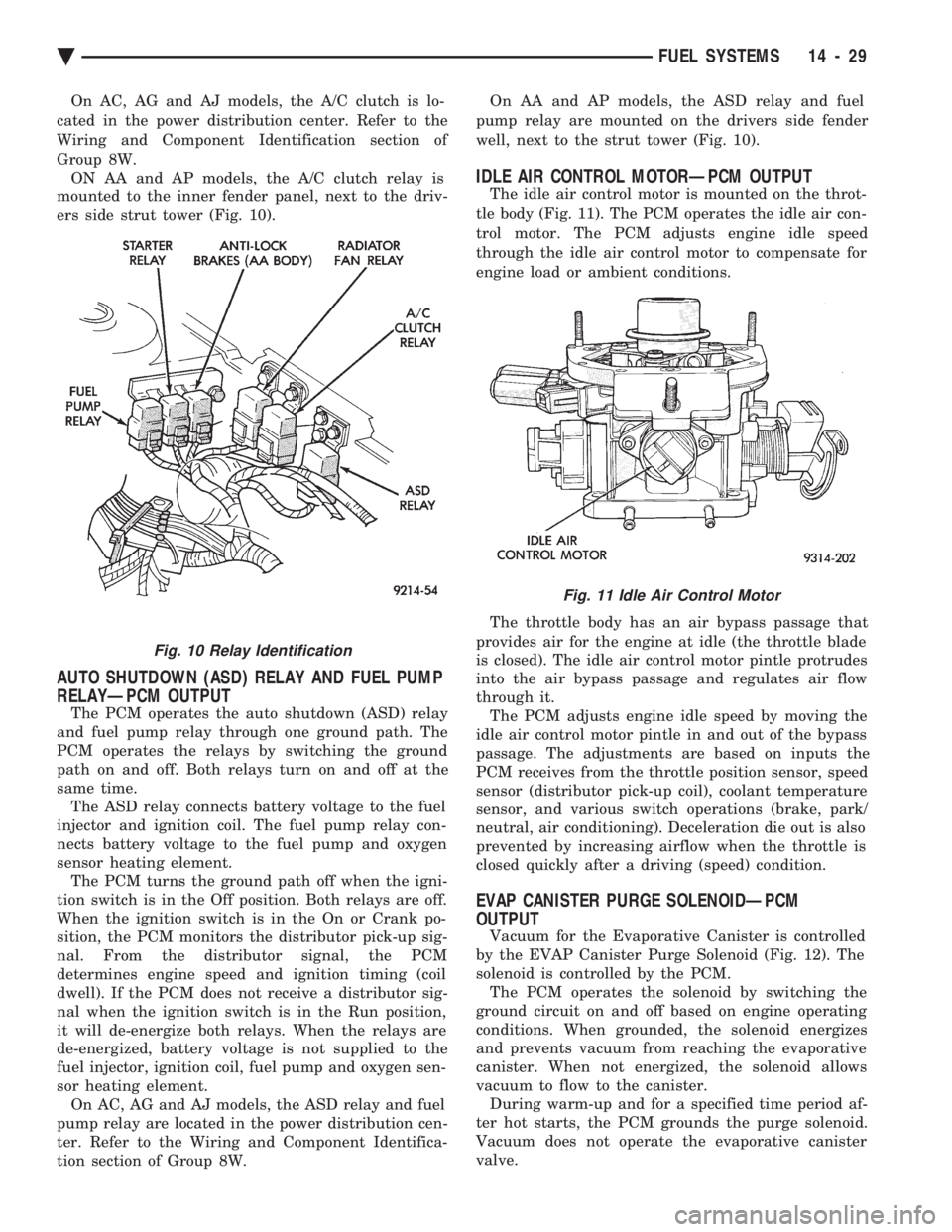 CHEVROLET DYNASTY 1993 Service Manual On AC, AG and AJ models, the A/C clutch is lo-
cated in the power distribution center. Refer to the
Wiring and Component Identification section of
Group 8W. ON AA and AP models, the A/C clutch relay CHEVROLET DYNASTY 1993 Service Manual On AC, AG and AJ models, the A/C clutch is lo-
cated in the power distribution center. Refer to the
Wiring and Component Identification section of
Group 8W. ON AA and AP models, the A/C clutch relay