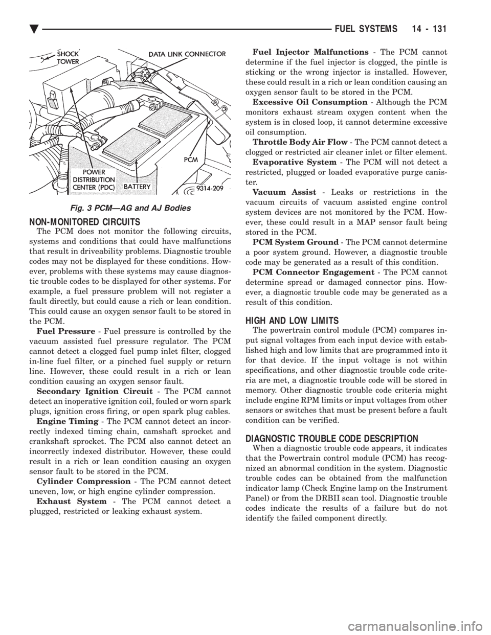 CHEVROLET DYNASTY 1993 Service Manual NON-MONITORED CIRCUITS
The PCM does not monitor the following circuits,
systems and conditions that could have malfunctions
that result in driveability problems. Diagnostic trouble
codes may not be d CHEVROLET DYNASTY 1993 Service Manual NON-MONITORED CIRCUITS
The PCM does not monitor the following circuits,
systems and conditions that could have malfunctions
that result in driveability problems. Diagnostic trouble
codes may not be d