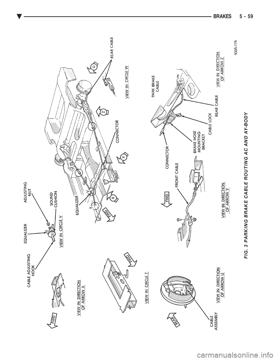 CHEVROLET DYNASTY 1993  Service Manual FIG. 3 PARKING BRAKE CABLE ROUTING AC AND AY-BODY
Ä BRAKES 5 - 59 
