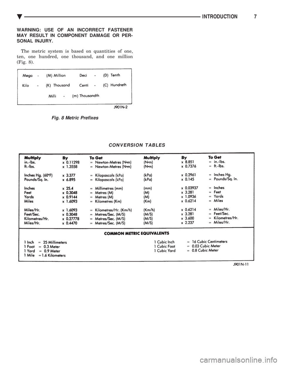 CHEVROLET DYNASTY 1993  Service Manual WARNING: USE OF AN INCORRECT FASTENER 
MAY RESULT IN COMPONENT DAMAGE OR PER-
SONAL INJURY. 
The metric system is based on quantities of one, 
ten, one hundred, one thousand, and one million
(Fig. 8).