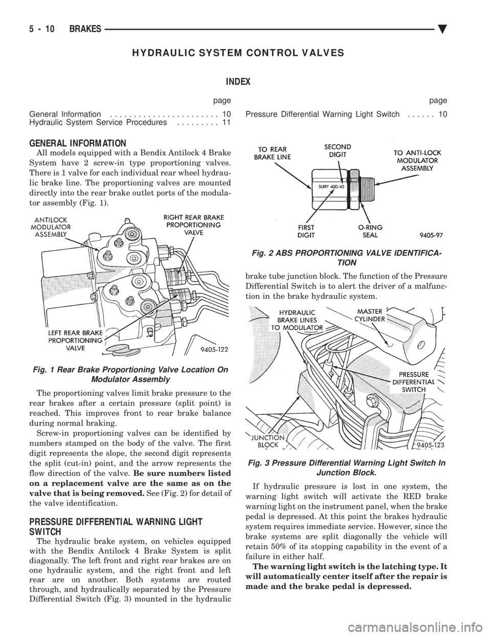 CHEVROLET DYNASTY 1993  Service Manual HYDRAULIC SYSTEM CONTROL VALVES INDEX
page page 
General Information  ....................... 10 
Hydraulic System Service Procedures  ......... 11 Pressure Differential Warning Light Switch 
...... 1