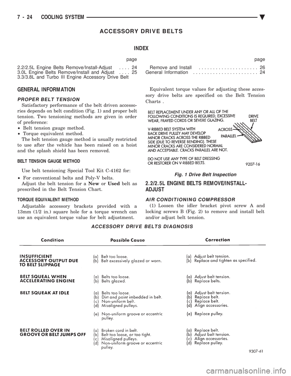 CHEVROLET DYNASTY 1993  Service Manual ACCESSORY DRIVE BELTS INDEX
page page 
2.2/2.5L Engine Belts Remove/Install-Adjust  .... 24 
3.0L Engine Belts Remove/Install and Adjust  .... 25 
3.3/3.8L and Turbo III Engine Accessory Drive Belt  R