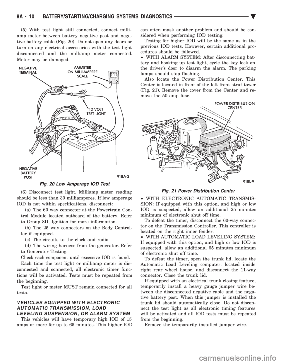 CHEVROLET DYNASTY 1993  Service Manual (5) With test light still connected, connect milli- 
amp meter between battery negative post and nega-
tive battery cable (Fig. 20). Do not open any doors or
turn on any electrical accessories with th