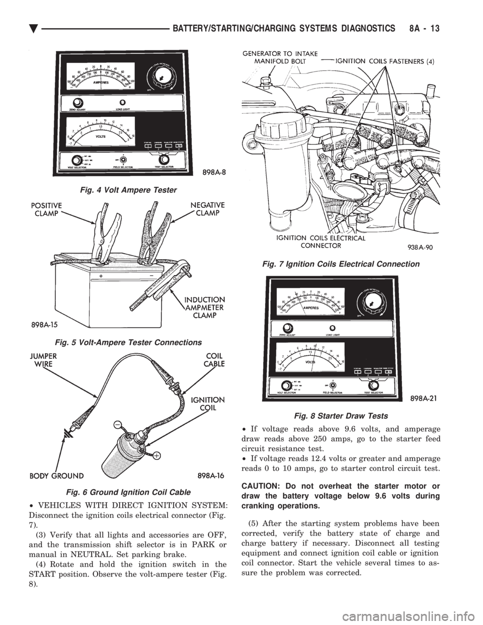 CHEVROLET DYNASTY 1993  Service Manual ² VEHICLES WITH DIRECT IGNITION SYSTEM: 
Disconnect the ignition coils electrical connector (Fig.
7). (3) Verify that all lights and accessories are OFF,
and the transmission shift selector is in PAR