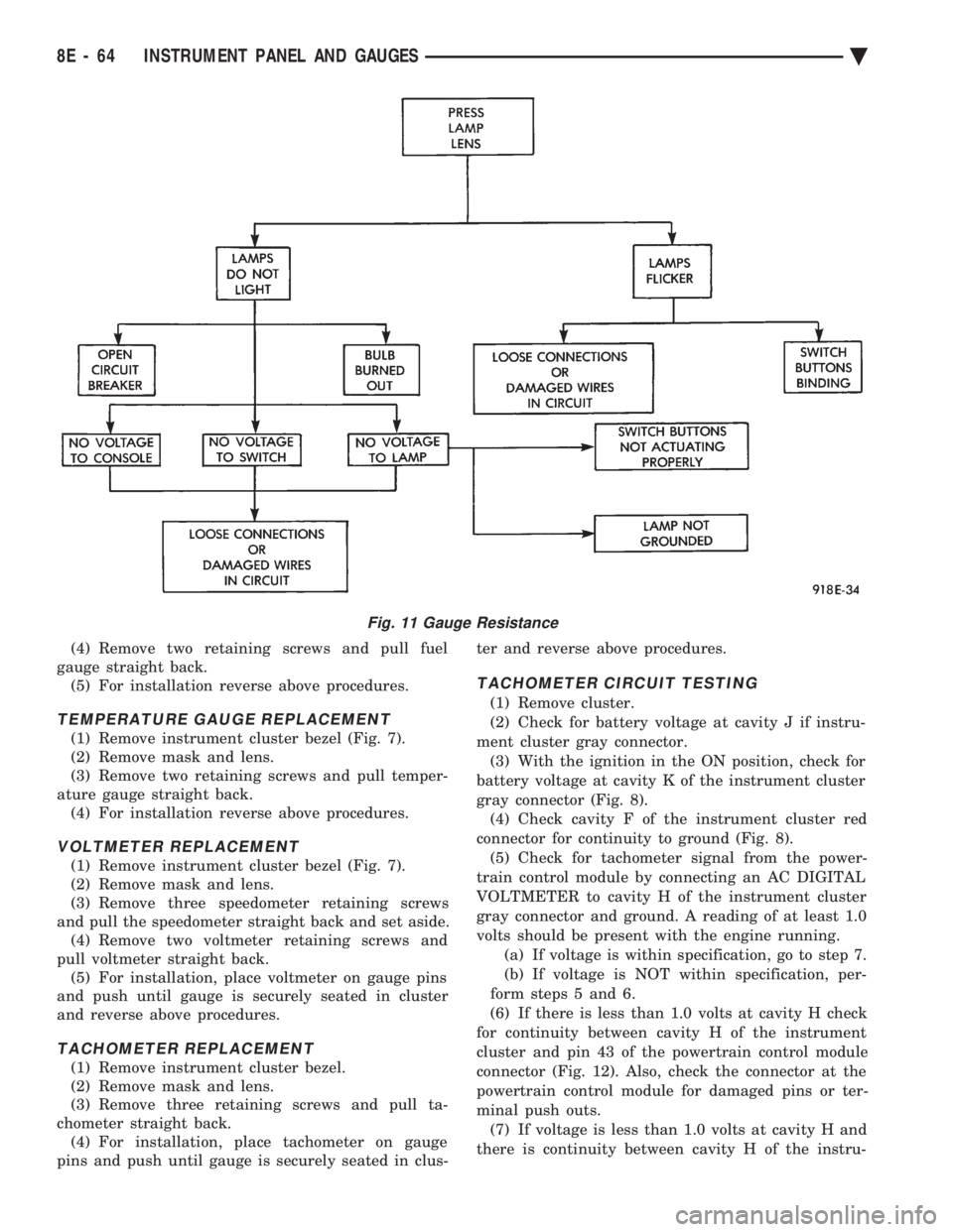 CHEVROLET DYNASTY 1993  Service Manual (4) Remove two retaining screws and pull fuel 
gauge straight back. (5) For installation reverse above procedures.
TEMPERATURE GAUGE REPLACEMENT
(1) Remove instrument cluster bezel (Fig. 7).
(2) Remov