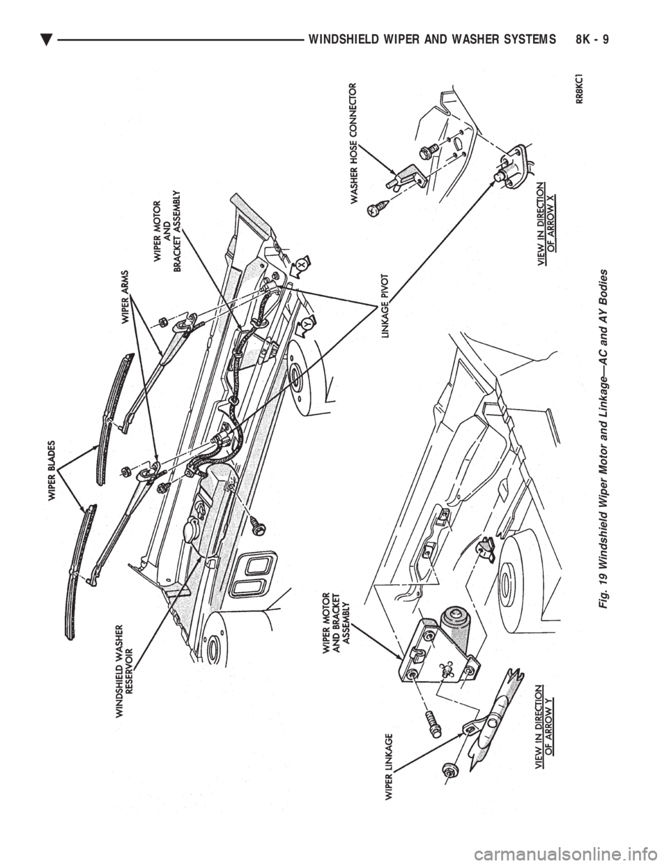 CHEVROLET DYNASTY 1993 Service Manual Fig. 19 Windshield Wiper Motor and LinkageÐAC and AY Bodies
Ä WINDSHIELD WIPER AND WASHER SYSTEMS 8K - 9 CHEVROLET DYNASTY 1993 Service Manual Fig. 19 Windshield Wiper Motor and LinkageÐAC and AY Bodies
Ä WINDSHIELD WIPER AND WASHER SYSTEMS 8K - 9