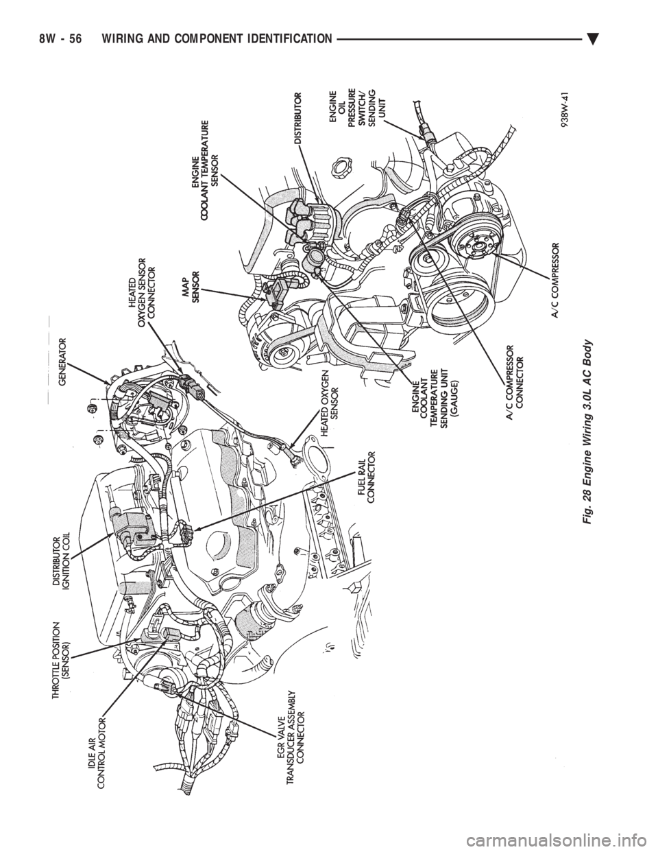 CHEVROLET DYNASTY 1993 Service Manual Fig. 28 Engine Wiring 3.0L AC Body
8W - 56 WIRING AND COMPONENT IDENTIFICATION Ä CHEVROLET DYNASTY 1993 Service Manual Fig. 28 Engine Wiring 3.0L AC Body
8W - 56 WIRING AND COMPONENT IDENTIFICATION Ä