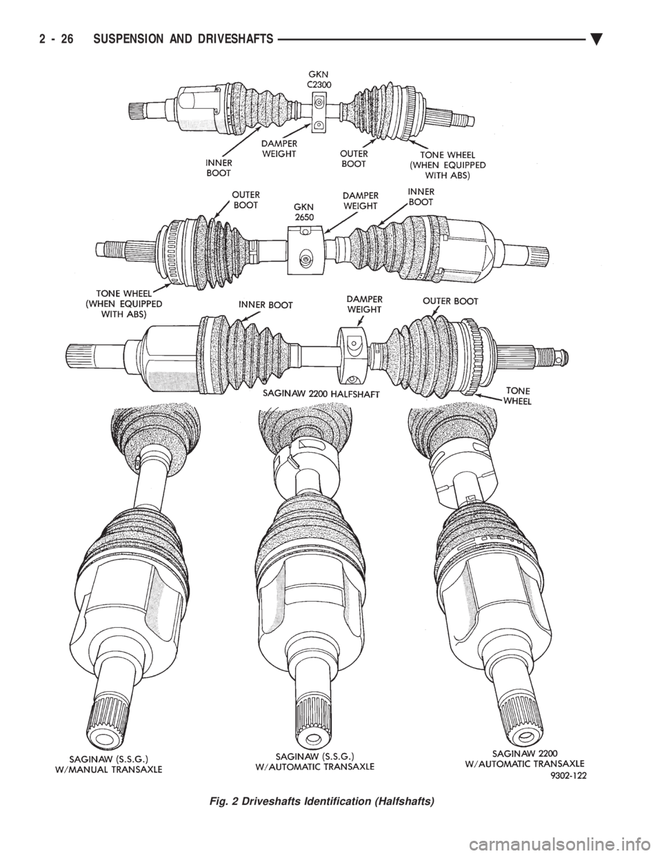 CHEVROLET DYNASTY 1993 Manual Online Fig. 2 Driveshafts Identification (Halfshafts)
2 - 26 SUSPENSION AND DRIVESHAFTS Ä 