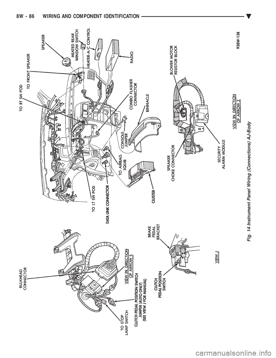 CHEVROLET DYNASTY 1993 Service Manual Fig. 14 Instrument Panel Wiring (Connections) AJ-Body
8W - 86 WIRING AND COMPONENT IDENTIFICATION Ä CHEVROLET DYNASTY 1993 Service Manual Fig. 14 Instrument Panel Wiring (Connections) AJ-Body
8W - 86 WIRING AND COMPONENT IDENTIFICATION Ä