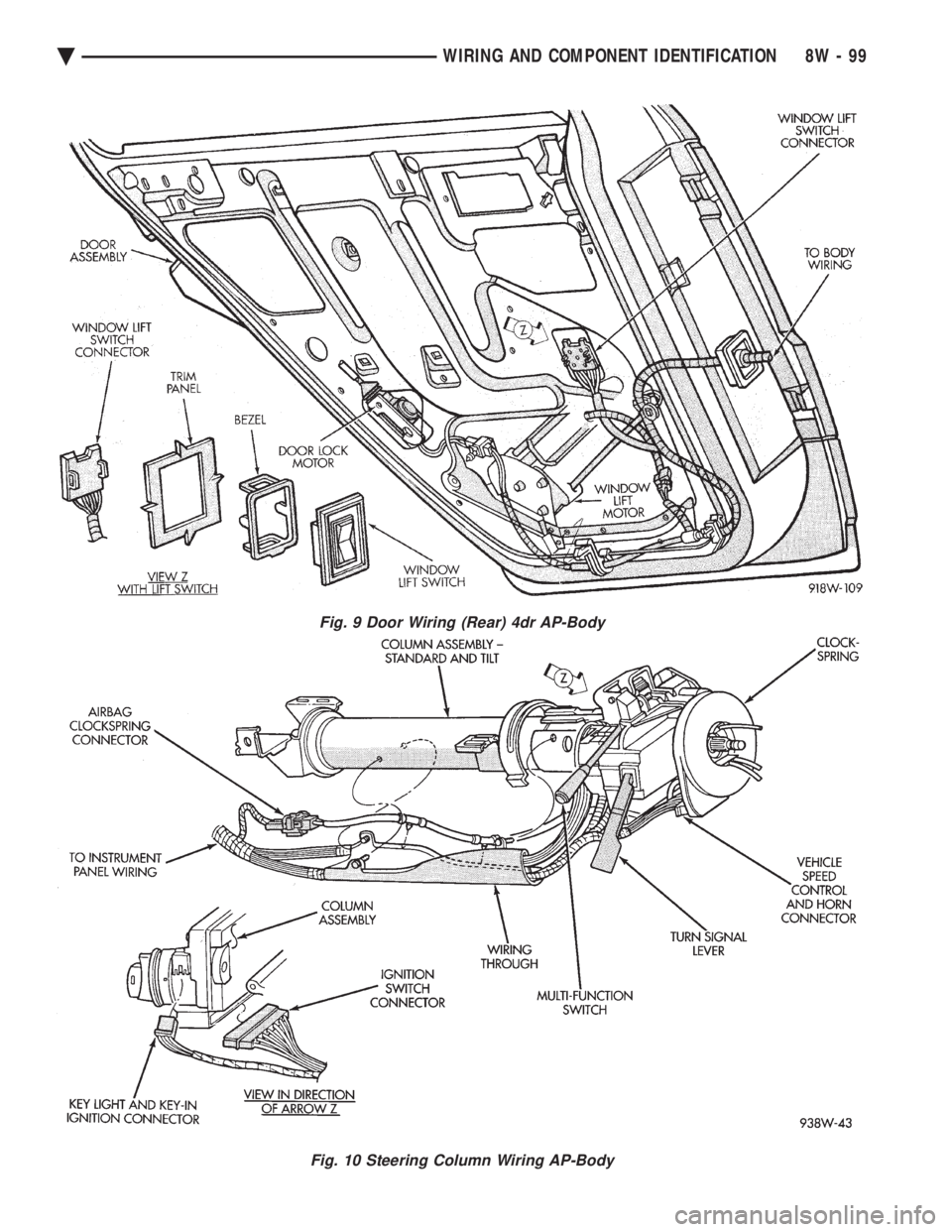 CHEVROLET DYNASTY 1993  Service Manual Fig. 9 Door Wiring (Rear) 4dr AP-Body
Fig. 10 Steering Column Wiring AP-Body
Ä WIRING AND COMPONENT IDENTIFICATION 8W - 99 