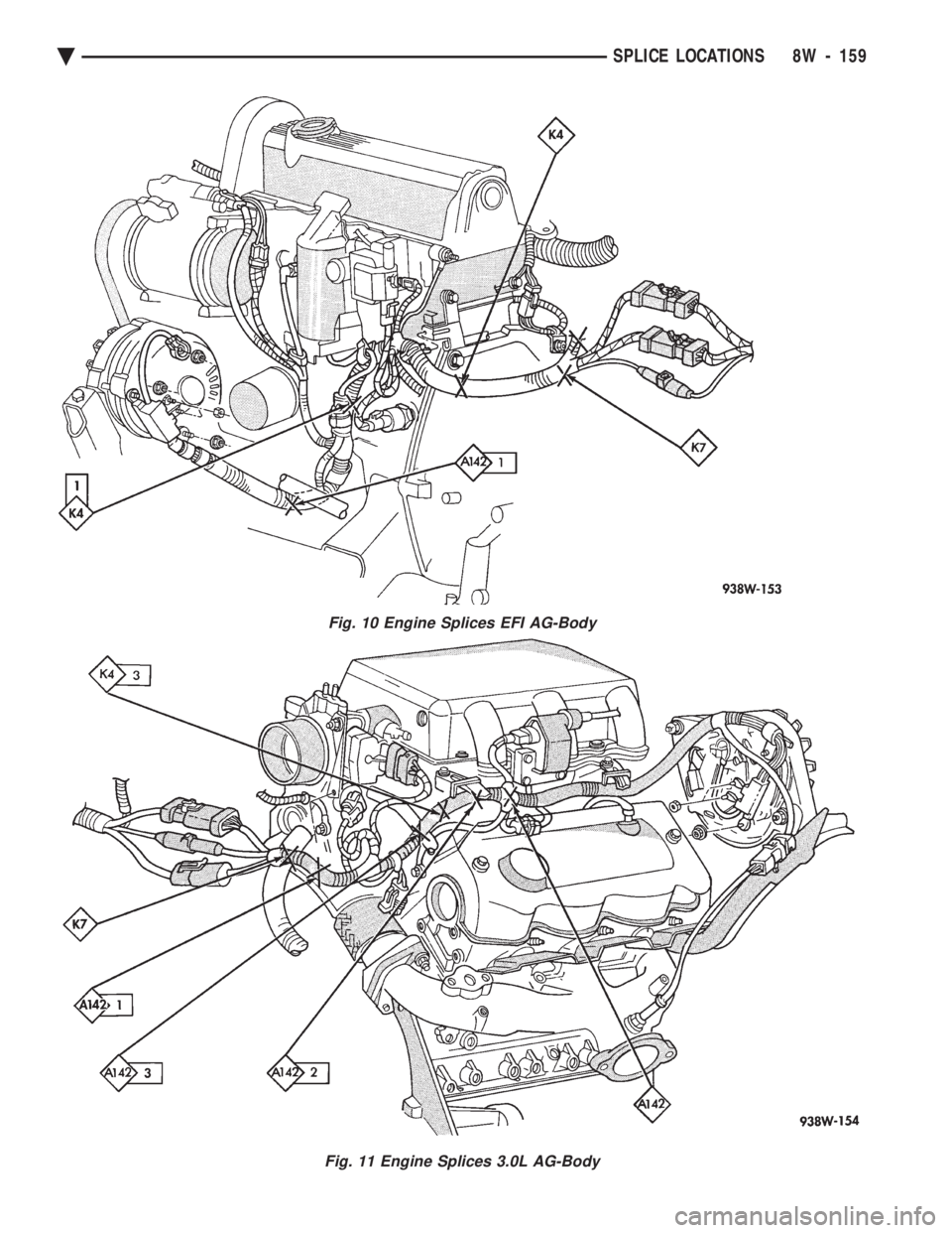 CHEVROLET DYNASTY 1993 Service Manual Fig. 10 Engine Splices EFI AG-Body
Fig. 11 Engine Splices 3.0L AG-Body
Ä SPLICE LOCATIONS 8W - 159 CHEVROLET DYNASTY 1993 Service Manual Fig. 10 Engine Splices EFI AG-Body
Fig. 11 Engine Splices 3.0L AG-Body
Ä SPLICE LOCATIONS 8W - 159