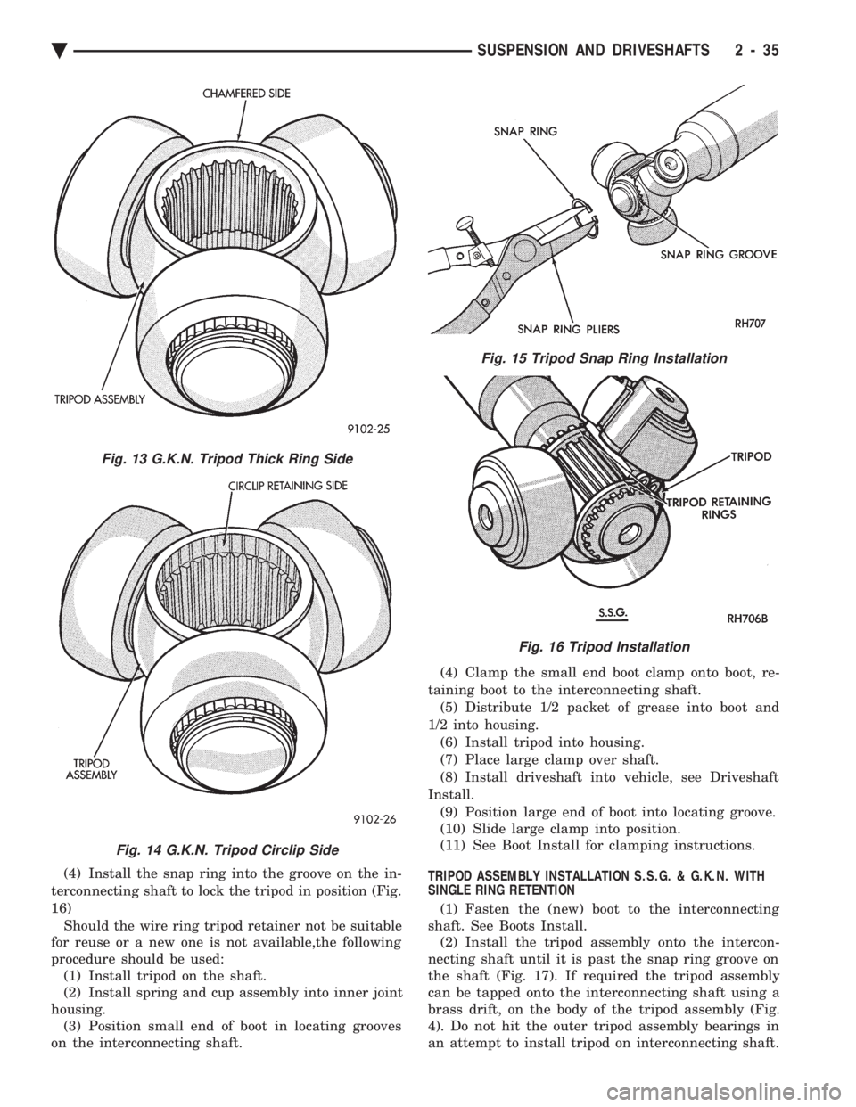 CHEVROLET DYNASTY 1993 Owners Manual (4) Install the snap ring into the groove on the in- 
terconnecting shaft to lock the tripod in position (Fig.
16) Should the wire ring tripod retainer not be suitable 
for reuse or a new one is not a