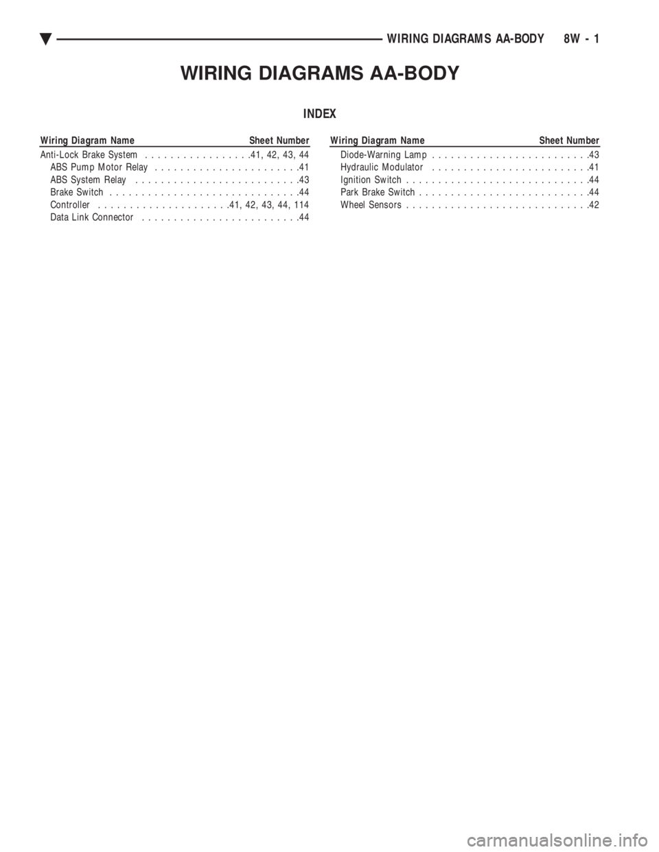 CHEVROLET PLYMOUTH ACCLAIM 1993  Service Manual WIRING DIAGRAMS AA-BODY
INDEX
Wiring Diagram Name Sheet Number
Anti-Lock Brake System.................41, 42, 43, 44
ABS Pump Motor Relay.......................41
ABS System Relay.....................