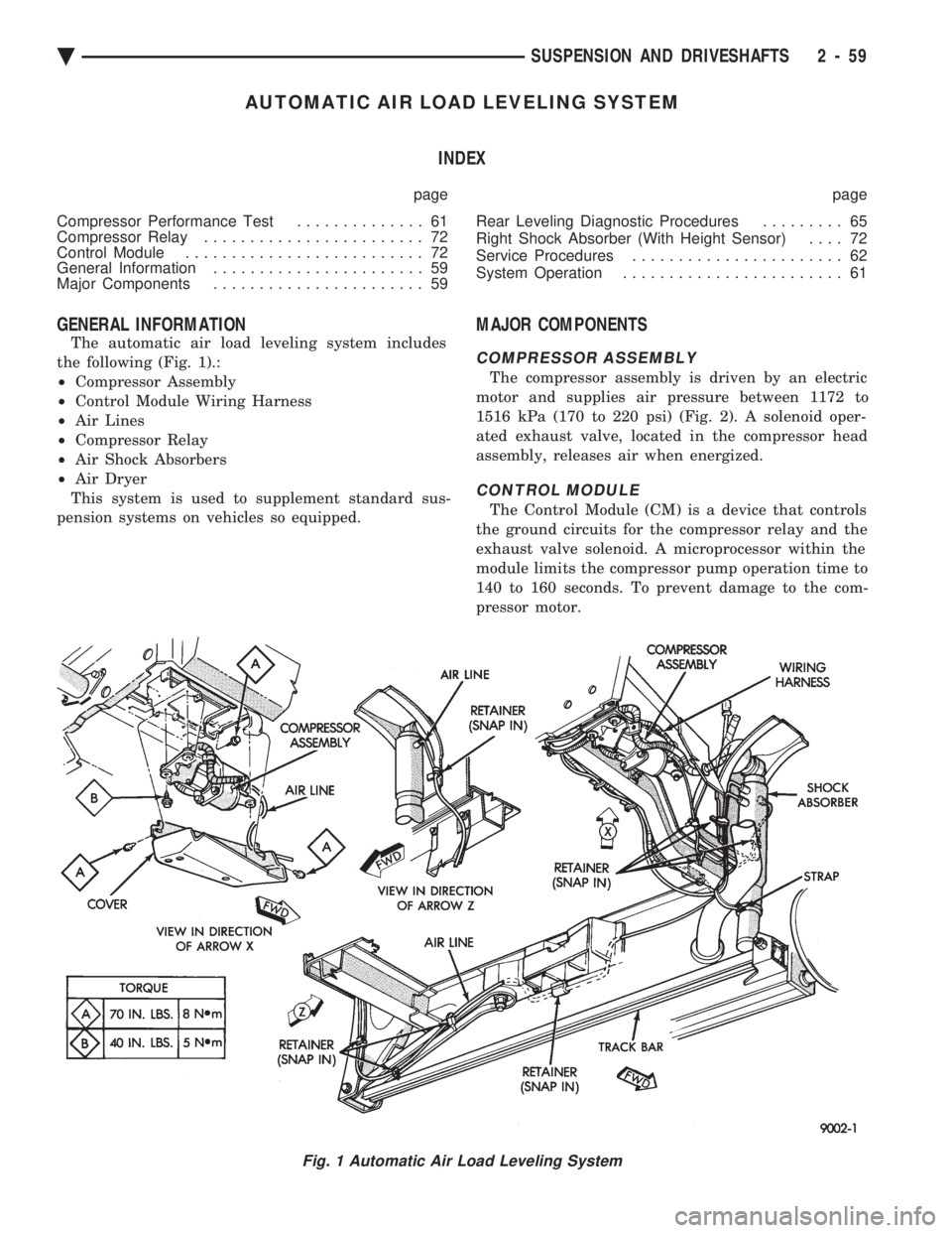 CHEVROLET PLYMOUTH ACCLAIM 1993 Service Manual AUTOMATIC AIR LOAD LEVELING SYSTEM INDEX
page page
Compressor Performance Test .............. 61
Compressor Relay ........................ 72
Control Module .......................... 72
Genera CHEVROLET PLYMOUTH ACCLAIM 1993 Service Manual AUTOMATIC AIR LOAD LEVELING SYSTEM INDEX
page page
Compressor Performance Test .............. 61
Compressor Relay ........................ 72
Control Module .......................... 72
Genera