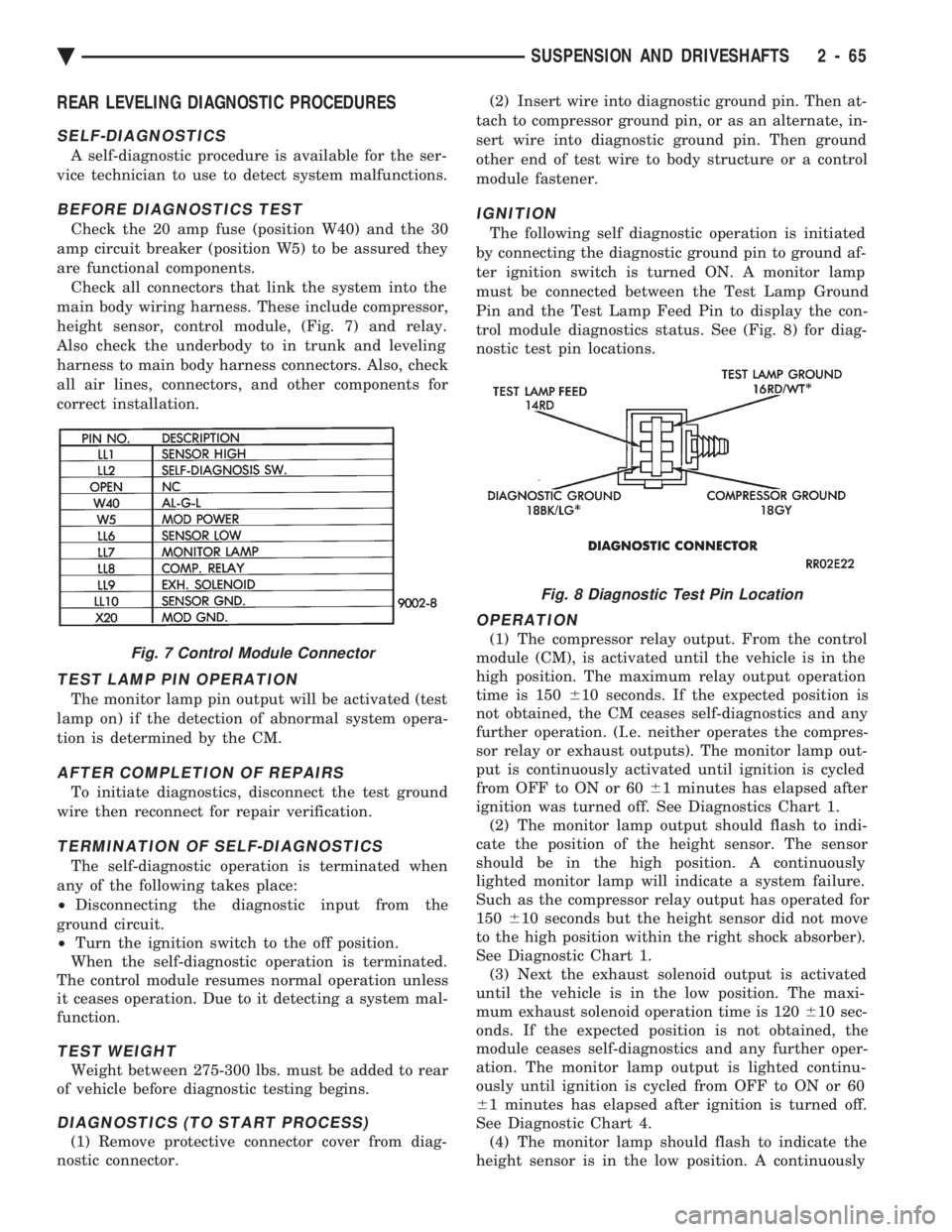 CHEVROLET PLYMOUTH ACCLAIM 1993  Service Manual REAR LEVELING DIAGNOSTIC PROCEDURES
SELF-DIAGNOSTICS
A self-diagnostic procedure is available for the ser- 
vice technician to use to detect system malfunctions.
BEFORE DIAGNOSTICS TEST
Check the 20 a