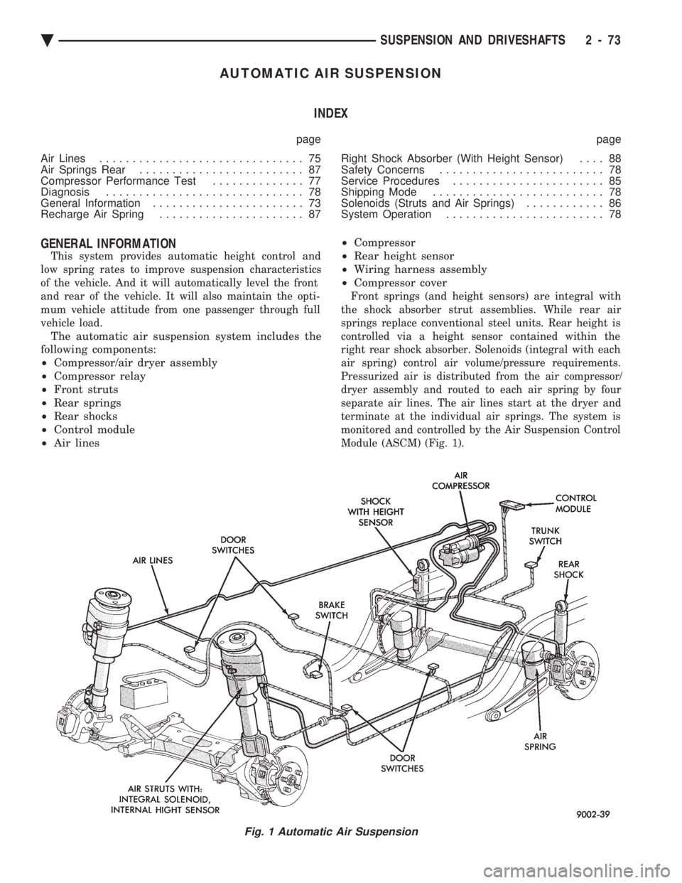 CHEVROLET PLYMOUTH ACCLAIM 1993 Service Manual AUTOMATIC AIR SUSPENSION INDEX
page page
Air Lines ............................... 75
Air Springs Rear ......................... 87
Compressor Performance Test .............. 77
Diagnosis .... CHEVROLET PLYMOUTH ACCLAIM 1993 Service Manual AUTOMATIC AIR SUSPENSION INDEX
page page
Air Lines ............................... 75
Air Springs Rear ......................... 87
Compressor Performance Test .............. 77
Diagnosis ....
