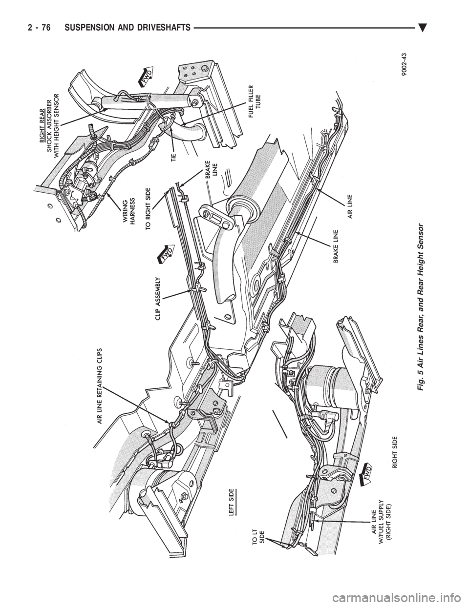 CHEVROLET PLYMOUTH ACCLAIM 1993 Service Manual Fig. 5 Air Lines Rear, and Rear Height Sensor
2 - 76 SUSPENSION AND DRIVESHAFTS Ä CHEVROLET PLYMOUTH ACCLAIM 1993 Service Manual Fig. 5 Air Lines Rear, and Rear Height Sensor
2 - 76 SUSPENSION AND DRIVESHAFTS Ä