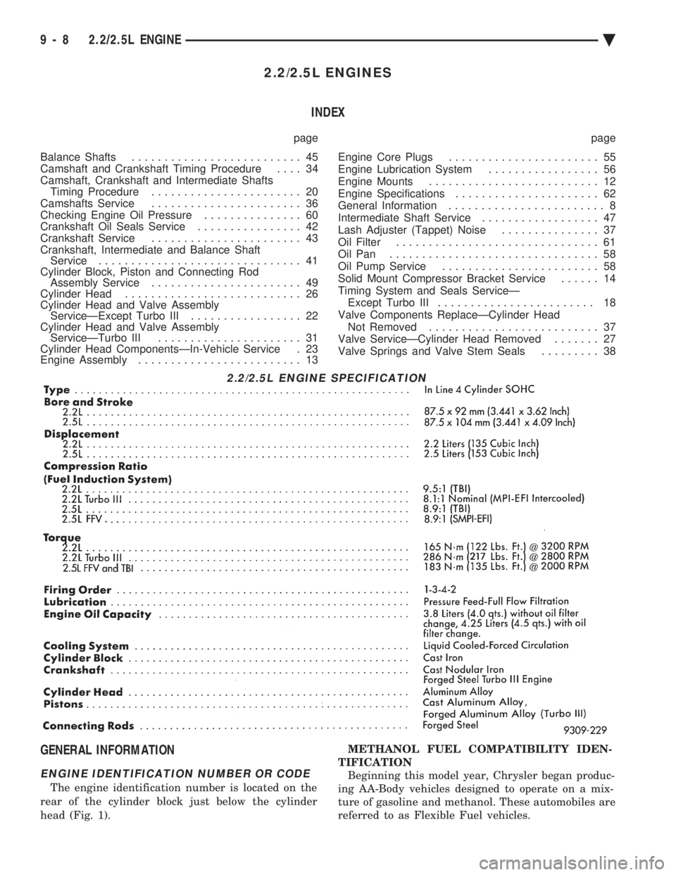 CHEVROLET PLYMOUTH ACCLAIM 1993 Service Manual 2.2/2.5L ENGINES INDEX
page page
Balance Shafts .......................... 45
Camshaft and Crankshaft Timing Procedure .... 34
Camshaft, Crankshaft and Intermediate Shafts Timing Procedure ..... CHEVROLET PLYMOUTH ACCLAIM 1993 Service Manual 2.2/2.5L ENGINES INDEX
page page
Balance Shafts .......................... 45
Camshaft and Crankshaft Timing Procedure .... 34
Camshaft, Crankshaft and Intermediate Shafts Timing Procedure .....