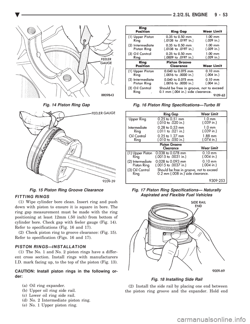 CHEVROLET PLYMOUTH ACCLAIM 1993 Service Manual FITTING RINGS
(1) Wipe cylinder bore clean. Insert ring and push
down with piston to ensure it is square in bore. The
ring gap measurement must be made with the ring
positioning at least 12mm (.50 in CHEVROLET PLYMOUTH ACCLAIM 1993 Service Manual FITTING RINGS
(1) Wipe cylinder bore clean. Insert ring and push
down with piston to ensure it is square in bore. The
ring gap measurement must be made with the ring
positioning at least 12mm (.50 in