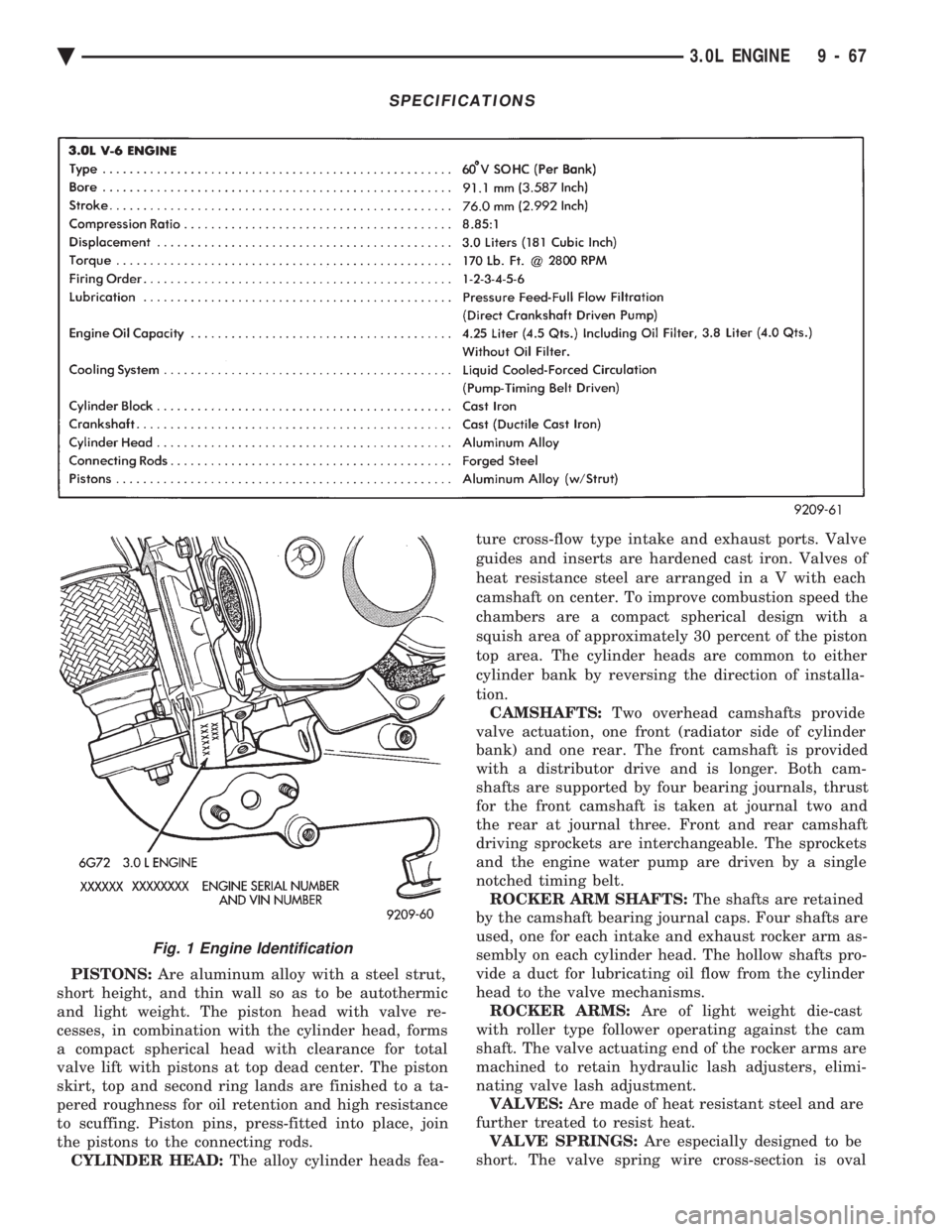 CHEVROLET PLYMOUTH ACCLAIM 1993 Service Manual PISTONS: Are aluminum alloy with a steel strut,
short height, and thin wall so as to be autothermic
and light weight. The piston head with valve re-
cesses, in combination with the cylinder head, for CHEVROLET PLYMOUTH ACCLAIM 1993 Service Manual PISTONS: Are aluminum alloy with a steel strut,
short height, and thin wall so as to be autothermic
and light weight. The piston head with valve re-
cesses, in combination with the cylinder head, for