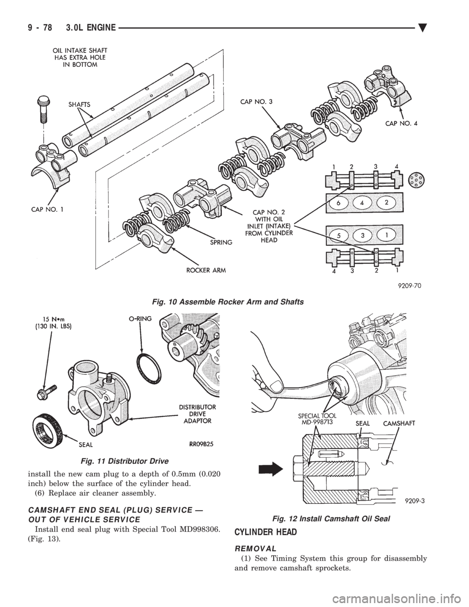 CHEVROLET PLYMOUTH ACCLAIM 1993 Service Manual install the new cam plug to a depth of 0.5mm (0.020
inch) below the surface of the cylinder head. (6) Replace air cleaner assembly.
CAMSHAFT END SEAL (PLUG) SERVICE ÐOUT OF VEHICLE SERVICE
Install e CHEVROLET PLYMOUTH ACCLAIM 1993 Service Manual install the new cam plug to a depth of 0.5mm (0.020
inch) below the surface of the cylinder head. (6) Replace air cleaner assembly.
CAMSHAFT END SEAL (PLUG) SERVICE ÐOUT OF VEHICLE SERVICE
Install e