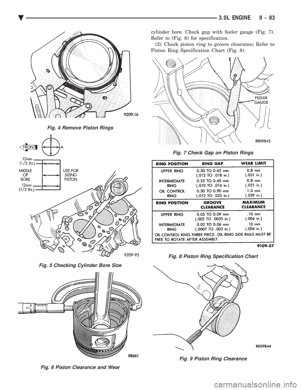CHEVROLET PLYMOUTH ACCLAIM 1993 Service Manual cylinder bore. Check gap with feeler gauge (Fig. 7).
Refer to (Fig. 8) for specification.(2) Check piston ring to groove clearance; Refer to
Piston Ring Specification Chart (Fig. 8).
Fig. 4 Remove Pi CHEVROLET PLYMOUTH ACCLAIM 1993 Service Manual cylinder bore. Check gap with feeler gauge (Fig. 7).
Refer to (Fig. 8) for specification.(2) Check piston ring to groove clearance; Refer to
Piston Ring Specification Chart (Fig. 8).
Fig. 4 Remove Pi