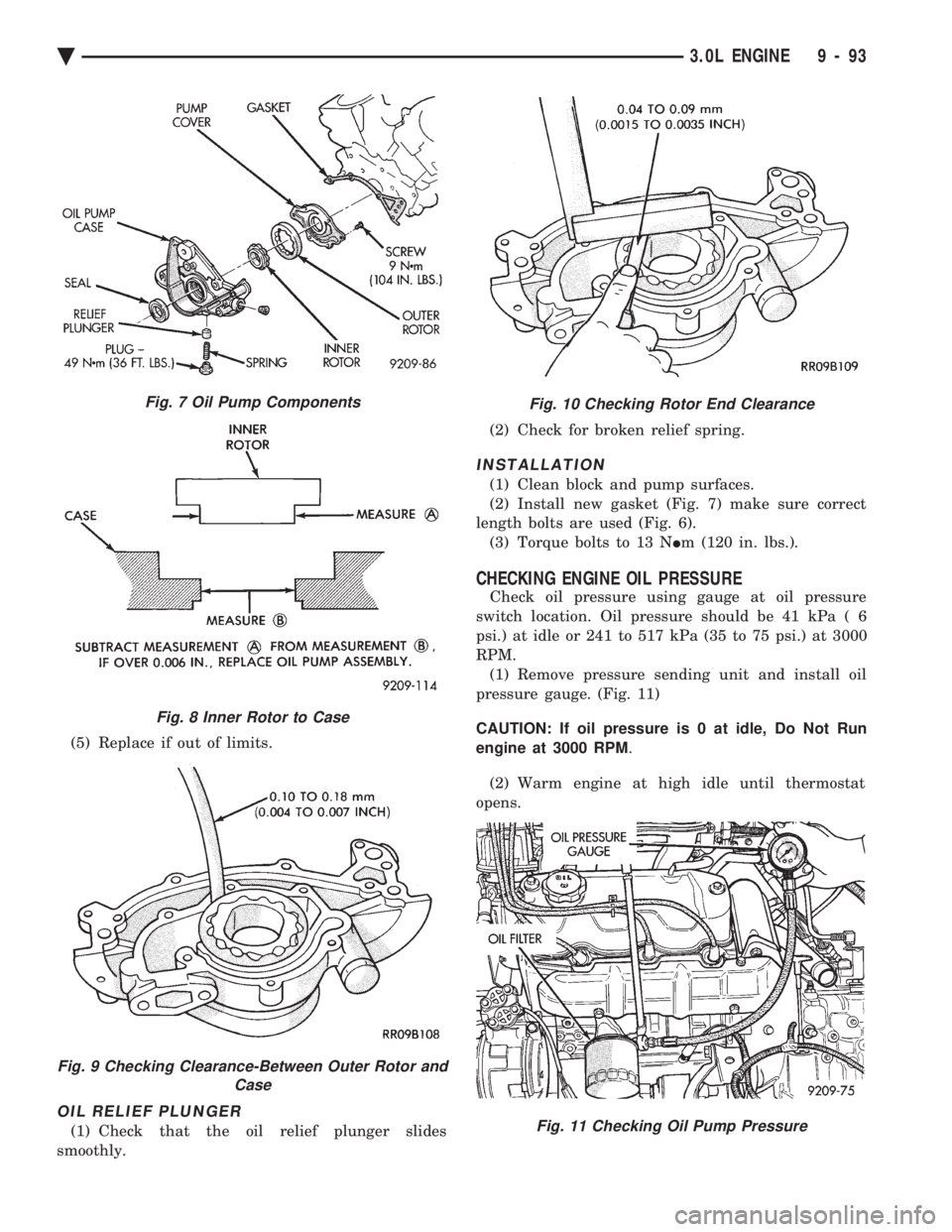 CHEVROLET PLYMOUTH ACCLAIM 1993 Service Manual (5) Replace if out of limits.
OIL RELIEF PLUNGER
(1) Check that the oil relief plunger slides
smoothly. (2) Check for broken relief spring.
INSTALLATION
(1) Clean block and pump surfaces.
(2) Insta CHEVROLET PLYMOUTH ACCLAIM 1993 Service Manual (5) Replace if out of limits.
OIL RELIEF PLUNGER
(1) Check that the oil relief plunger slides
smoothly. (2) Check for broken relief spring.
INSTALLATION
(1) Clean block and pump surfaces.
(2) Insta
