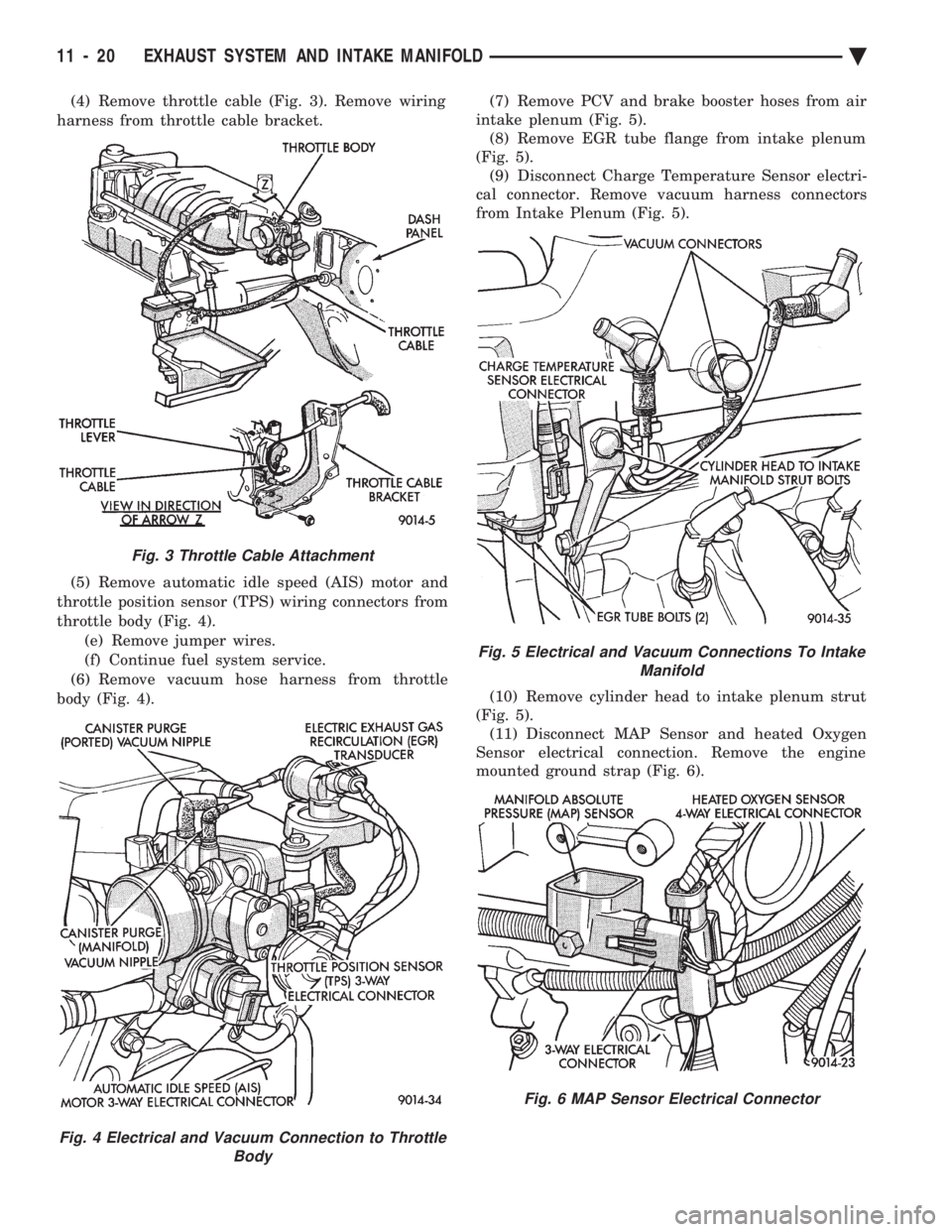 CHEVROLET PLYMOUTH ACCLAIM 1993 Service Manual (4) Remove throttle cable (Fig. 3). Remove wiring
harness from throttle cable bracket.
(5) Remove automatic idle speed (AIS) motor and
throttle position sensor (TPS) wiring connectors from
throttle CHEVROLET PLYMOUTH ACCLAIM 1993 Service Manual (4) Remove throttle cable (Fig. 3). Remove wiring
harness from throttle cable bracket.
(5) Remove automatic idle speed (AIS) motor and
throttle position sensor (TPS) wiring connectors from
throttle