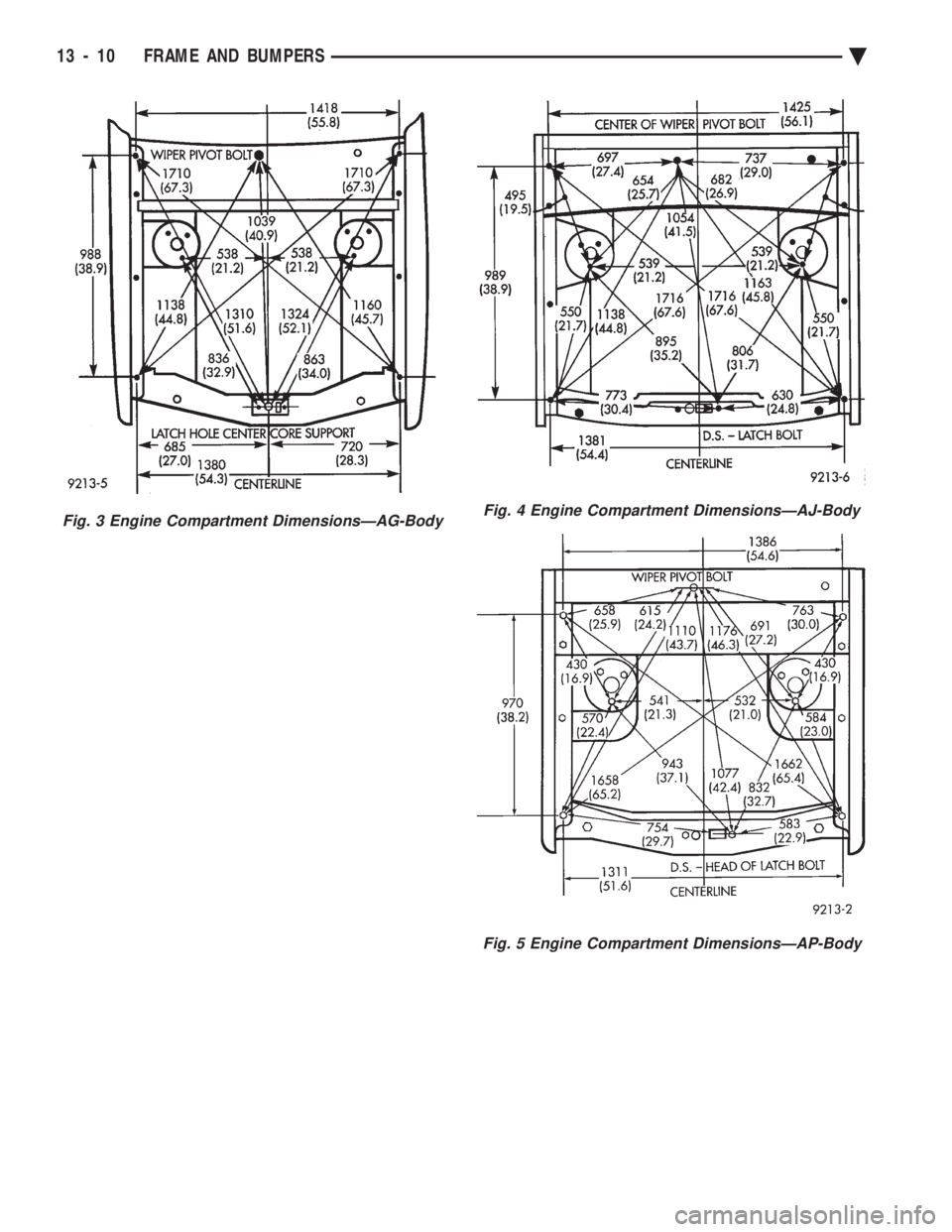 CHEVROLET PLYMOUTH ACCLAIM 1993  Service Manual Fig. 5 Engine Compartment DimensionsÐAP-Body
Fig. 3 Engine Compartment DimensionsÐAG-BodyFig. 4 Engine Compartment DimensionsÐAJ-Body
13 - 10 FRAME AND BUMPERS Ä 