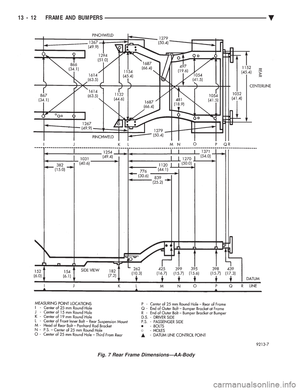 CHEVROLET PLYMOUTH ACCLAIM 1993  Service Manual Fig. 7 Rear Frame DimensionsÐAA-Body
13 - 12 FRAME AND BUMPERS Ä 
