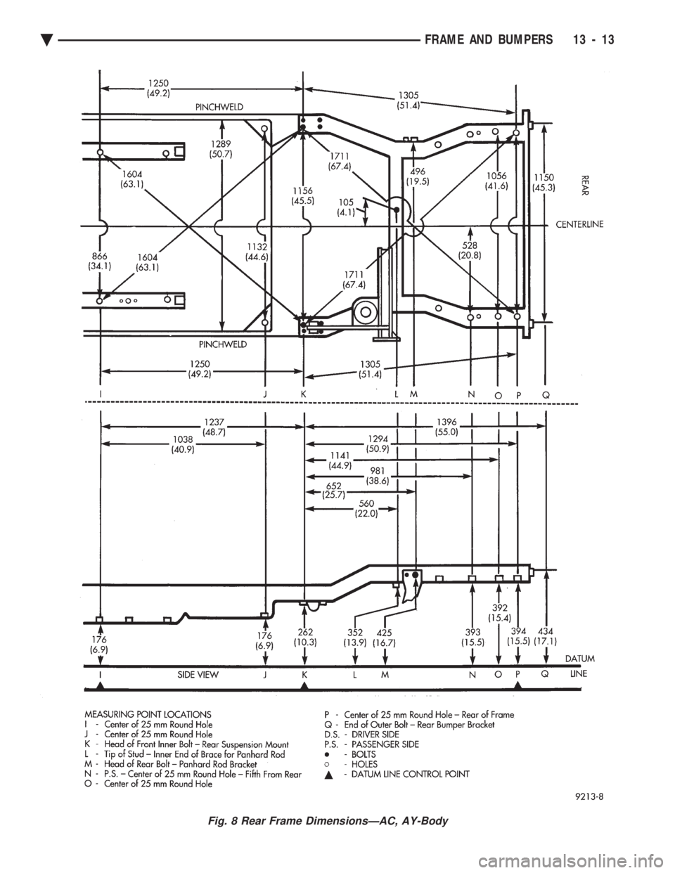CHEVROLET PLYMOUTH ACCLAIM 1993  Service Manual Fig. 8 Rear Frame DimensionsÐAC, AY-Body
Ä FRAME AND BUMPERS 13 - 13 