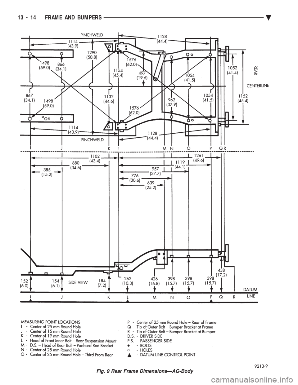 CHEVROLET PLYMOUTH ACCLAIM 1993  Service Manual Fig. 9 Rear Frame DimensionsÐAG-Body
13 - 14 FRAME AND BUMPERS Ä 