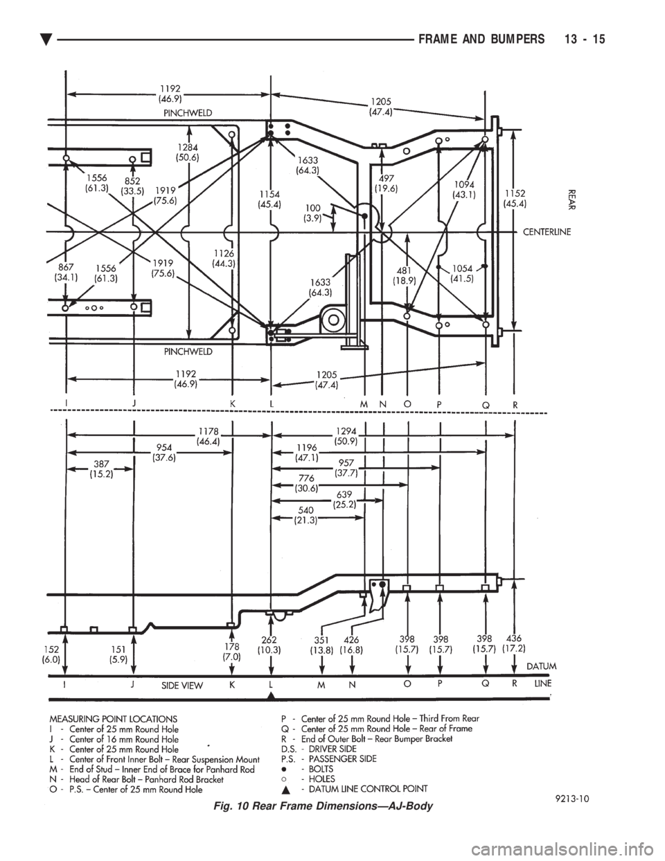 CHEVROLET PLYMOUTH ACCLAIM 1993  Service Manual Fig. 10 Rear Frame DimensionsÐAJ-Body
Ä FRAME AND BUMPERS 13 - 15 