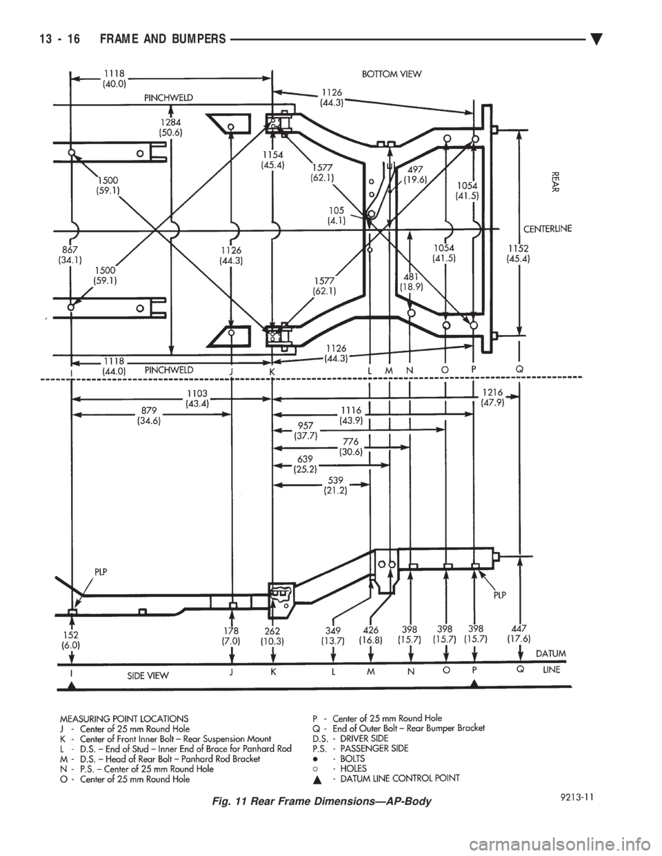 CHEVROLET PLYMOUTH ACCLAIM 1993  Service Manual Fig. 11 Rear Frame DimensionsÐAP-Body
13 - 16 FRAME AND BUMPERS Ä 