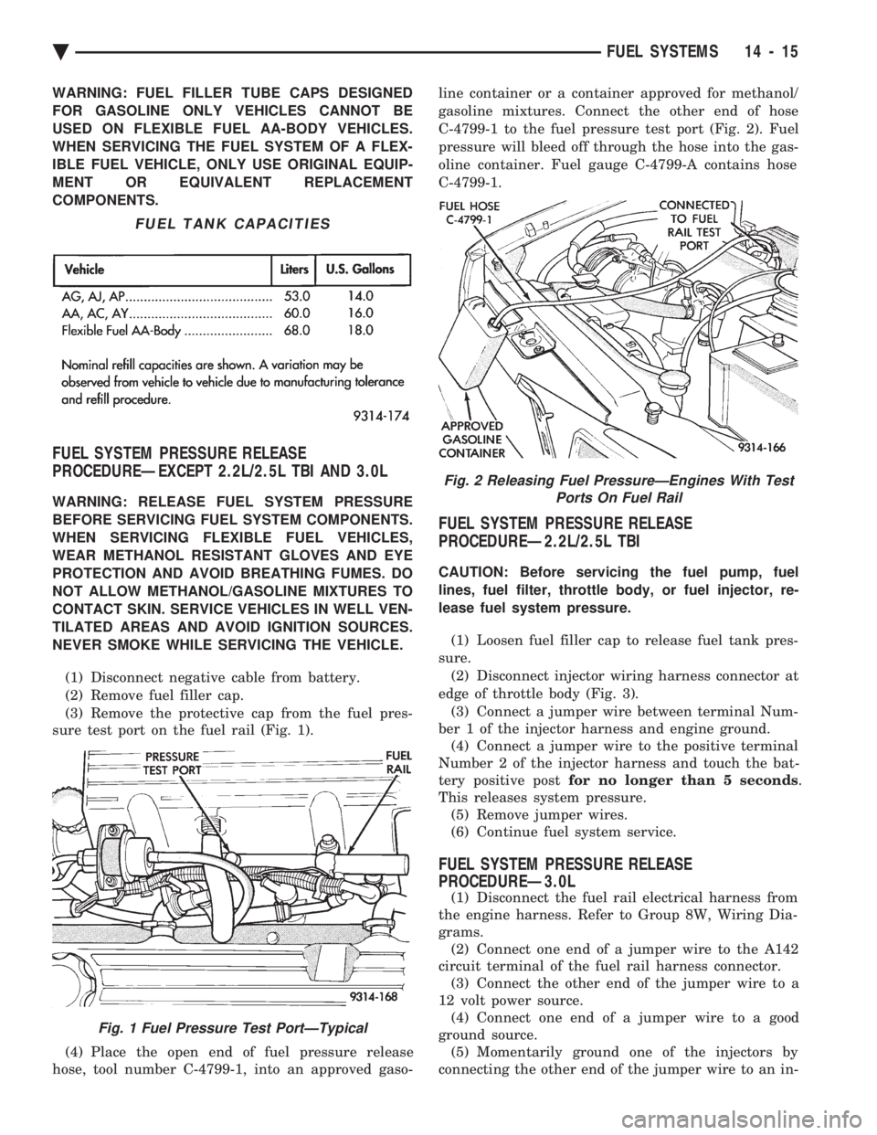 CHEVROLET PLYMOUTH ACCLAIM 1993 Service Manual WARNING: FUEL FILLER TUBE CAPS DESIGNED
FOR GASOLINE ONLY VEHICLES CANNOT BE
USED ON FLEXIBLE FUEL AA-BODY VEHICLES.
WHEN SERVICING THE FUEL SYSTEM OF A FLEX-
IBLE FUEL VEHICLE, ONLY USE ORIGINAL EQU CHEVROLET PLYMOUTH ACCLAIM 1993 Service Manual WARNING: FUEL FILLER TUBE CAPS DESIGNED
FOR GASOLINE ONLY VEHICLES CANNOT BE
USED ON FLEXIBLE FUEL AA-BODY VEHICLES.
WHEN SERVICING THE FUEL SYSTEM OF A FLEX-
IBLE FUEL VEHICLE, ONLY USE ORIGINAL EQU