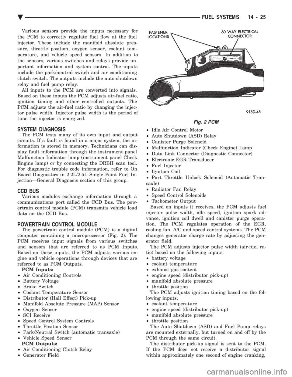 CHEVROLET PLYMOUTH ACCLAIM 1993 Service Manual Various sensors provide the inputs necessary for
the PCM to correctly regulate fuel flow at the fuel
injector. These include the manifold absolute pres-
sure, throttle position, oxygen sensor, coolan CHEVROLET PLYMOUTH ACCLAIM 1993 Service Manual Various sensors provide the inputs necessary for
the PCM to correctly regulate fuel flow at the fuel
injector. These include the manifold absolute pres-
sure, throttle position, oxygen sensor, coolan