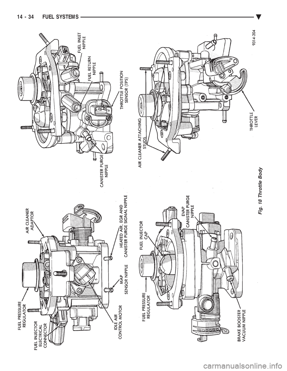CHEVROLET PLYMOUTH ACCLAIM 1993 Service Manual Fig. 18 Throttle Body
14 - 34 FUEL SYSTEMS Ä CHEVROLET PLYMOUTH ACCLAIM 1993 Service Manual Fig. 18 Throttle Body
14 - 34 FUEL SYSTEMS Ä