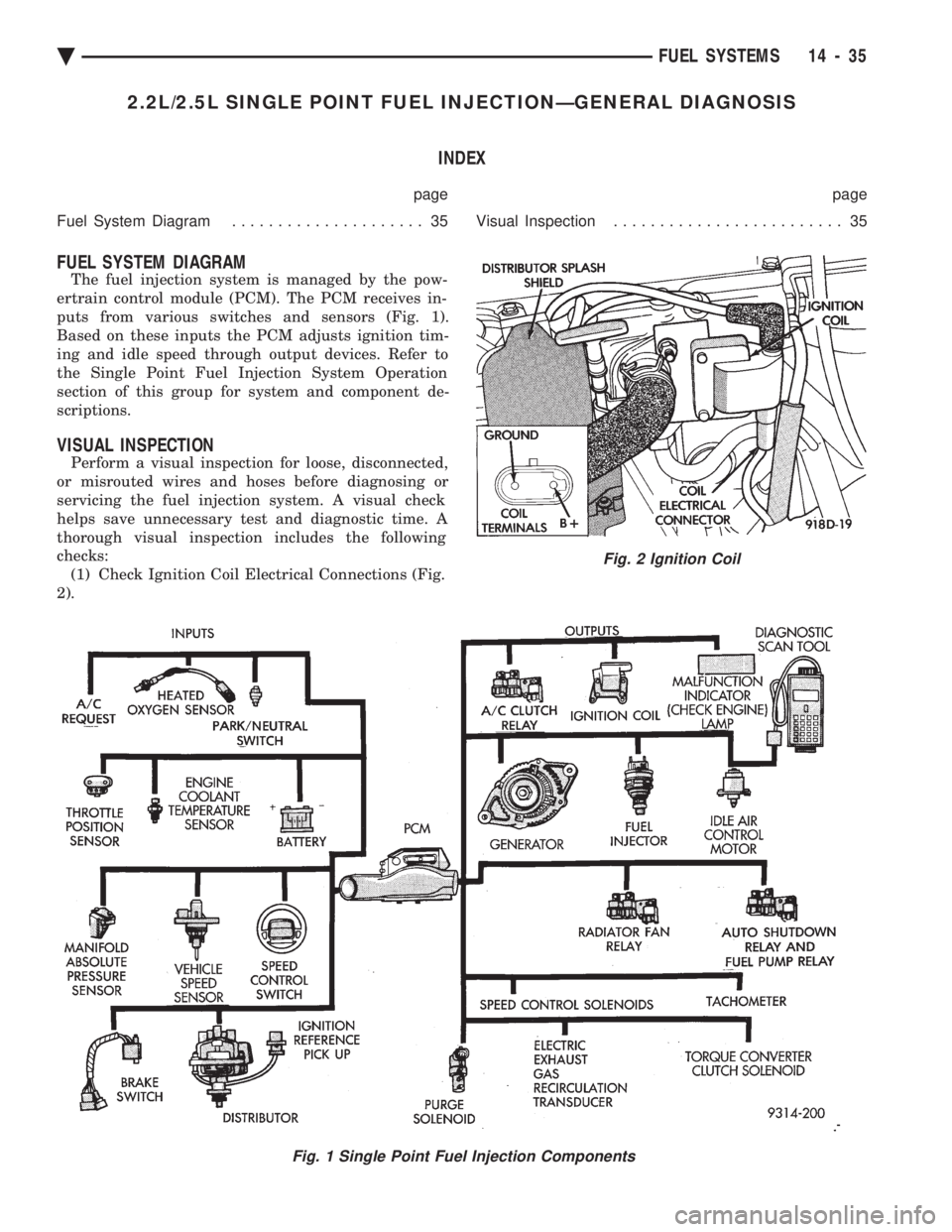 CHEVROLET PLYMOUTH ACCLAIM 1993 Service Manual 2.2L/2.5L SINGLE POINT FUEL INJECTIONÐGENERAL DIAGNOSIS INDEX
page page
Fuel System Diagram ..................... 35 Visual Inspection......................... 35
FUEL SYSTEM DIAGRAM
The fuel injec CHEVROLET PLYMOUTH ACCLAIM 1993 Service Manual 2.2L/2.5L SINGLE POINT FUEL INJECTIONÐGENERAL DIAGNOSIS INDEX
page page
Fuel System Diagram ..................... 35 Visual Inspection......................... 35
FUEL SYSTEM DIAGRAM
The fuel injec