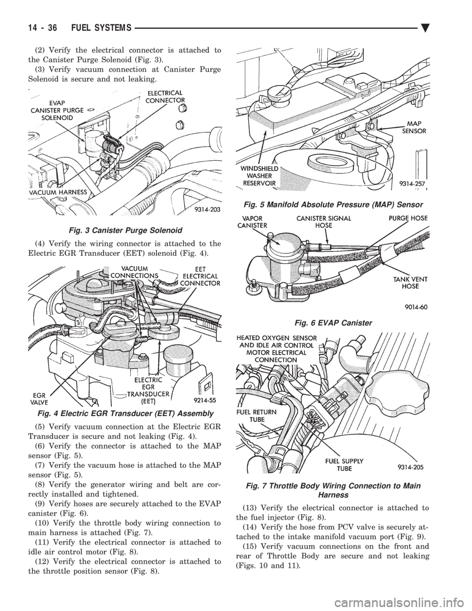 CHEVROLET PLYMOUTH ACCLAIM 1993 Service Manual (2) Verify the electrical connector is attached to
the Canister Purge Solenoid (Fig. 3). (3) Verify vacuum connection at Canister Purge
Solenoid is secure and not leaking.
(4) Verify the wiring conn CHEVROLET PLYMOUTH ACCLAIM 1993 Service Manual (2) Verify the electrical connector is attached to
the Canister Purge Solenoid (Fig. 3). (3) Verify vacuum connection at Canister Purge
Solenoid is secure and not leaking.
(4) Verify the wiring conn