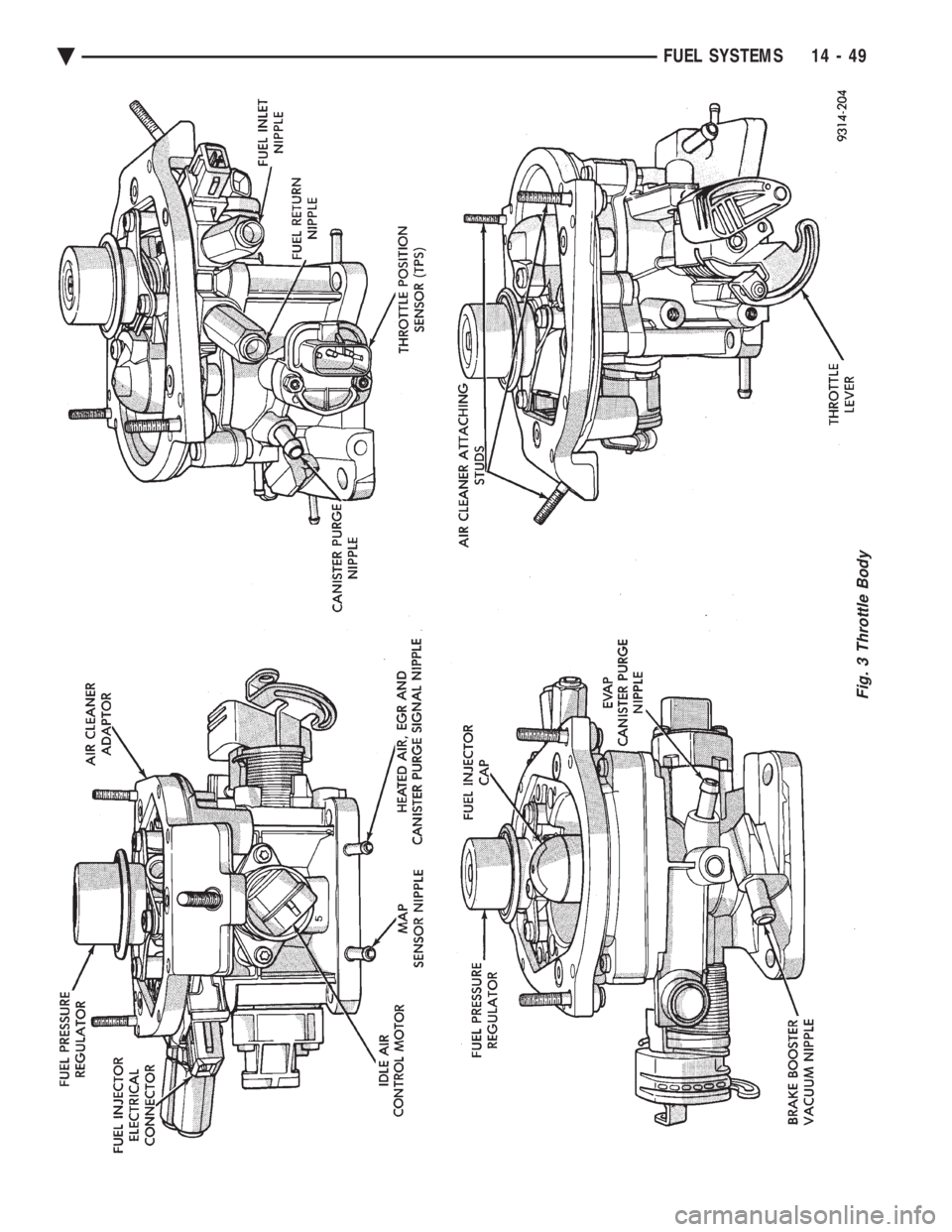 CHEVROLET PLYMOUTH ACCLAIM 1993 Service Manual Fig. 3 Throttle Body
Ä FUEL SYSTEMS 14 - 49 CHEVROLET PLYMOUTH ACCLAIM 1993 Service Manual Fig. 3 Throttle Body
Ä FUEL SYSTEMS 14 - 49