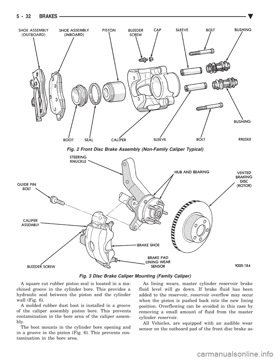 CHEVROLET PLYMOUTH ACCLAIM 1993 Service Manual A square cut rubber piston seal is located in a ma-
chined groove in the cylinder bore. This provides a
hydraulic seal between the piston and the cylinder
wall (Fig. 6). A molded rubber dust boot is CHEVROLET PLYMOUTH ACCLAIM 1993 Service Manual A square cut rubber piston seal is located in a ma-
chined groove in the cylinder bore. This provides a
hydraulic seal between the piston and the cylinder
wall (Fig. 6). A molded rubber dust boot is