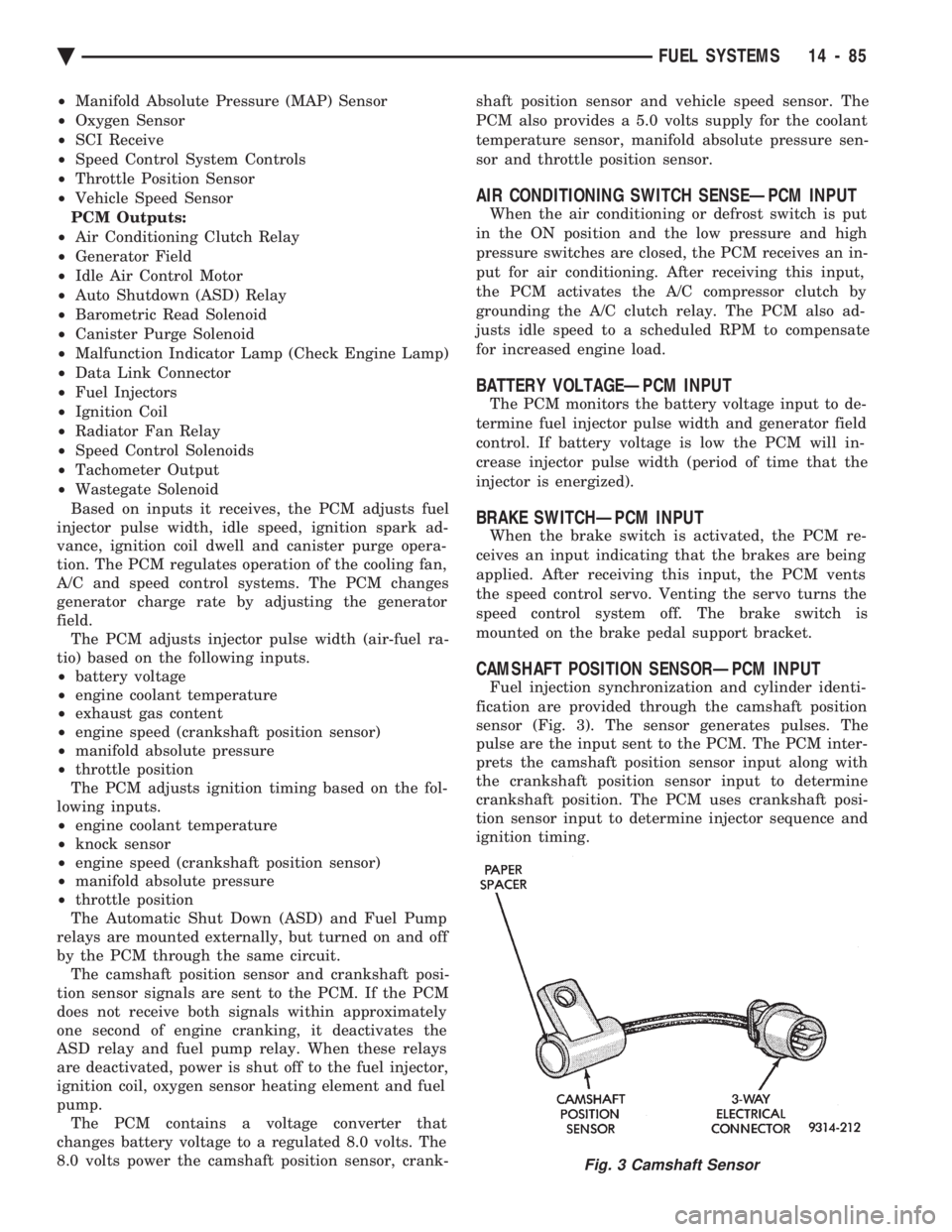 CHEVROLET PLYMOUTH ACCLAIM 1993  Service Manual ² Manifold Absolute Pressure (MAP) Sensor 
²  Oxygen Sensor 
²  SCI Receive 
²  Speed Control System Controls 
²  Throttle Position Sensor 
²  Vehicle Speed Sensor 
PCM Outputs:
²  Air Conditio