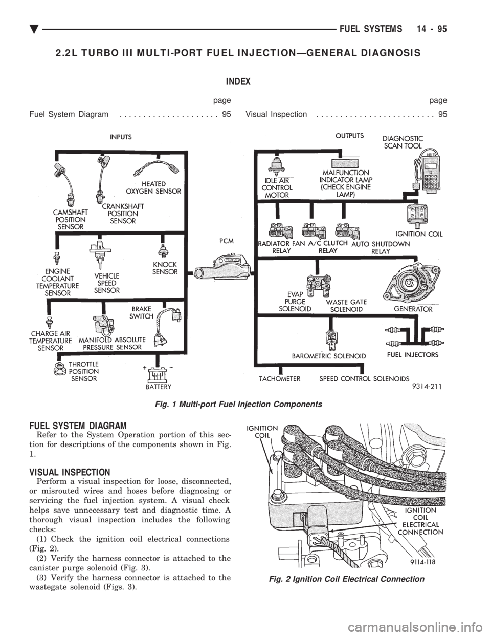 CHEVROLET PLYMOUTH ACCLAIM 1993 Service Manual 2.2L TURBO III MULTI-PORT FUEL INJECTIONÐGENERAL DIAGNOSIS INDEX
page page
Fuel System Diagram ..................... 95 Visual Inspection......................... 95
FUEL SYSTEM DIAGRAM
Refer to th CHEVROLET PLYMOUTH ACCLAIM 1993 Service Manual 2.2L TURBO III MULTI-PORT FUEL INJECTIONÐGENERAL DIAGNOSIS INDEX
page page
Fuel System Diagram ..................... 95 Visual Inspection......................... 95
FUEL SYSTEM DIAGRAM
Refer to th