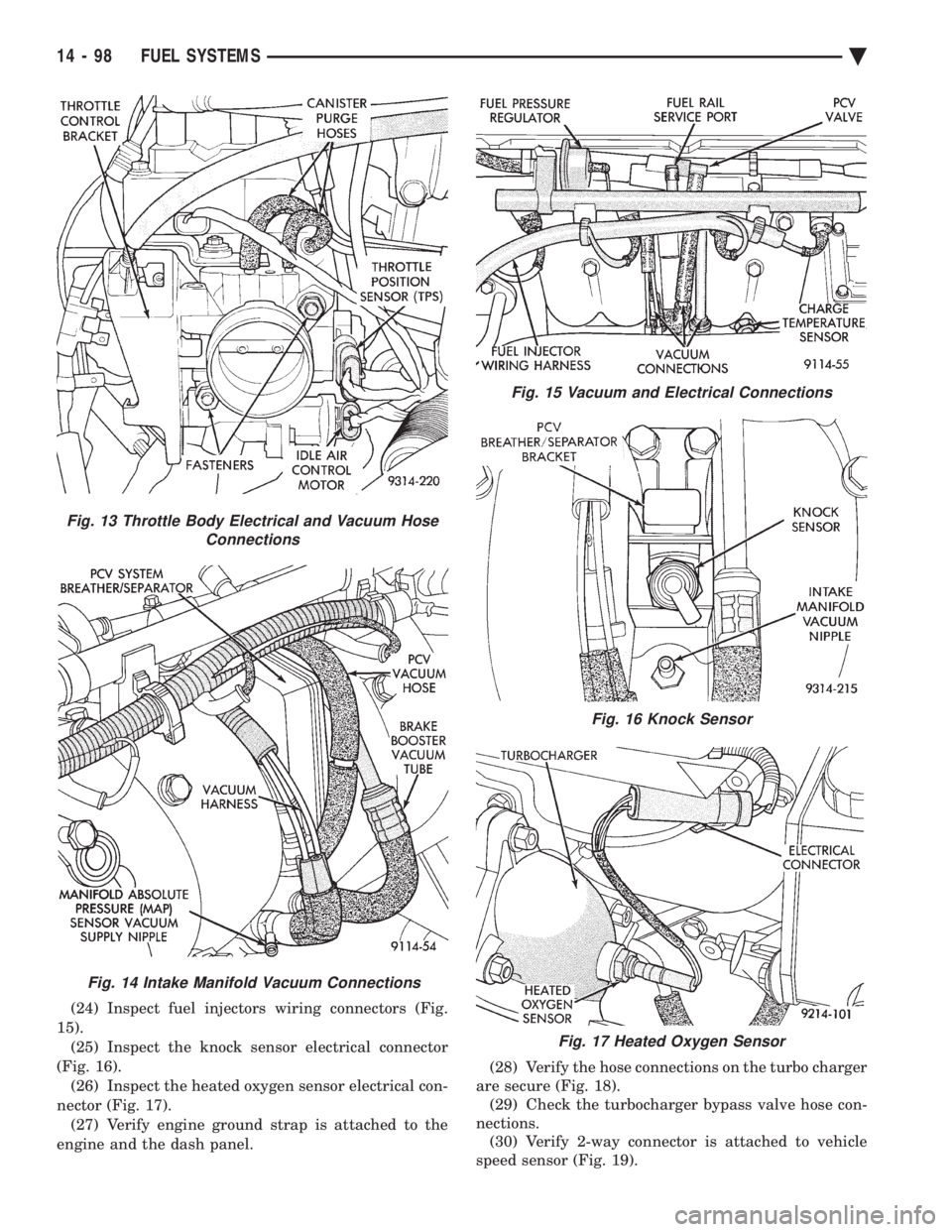 CHEVROLET PLYMOUTH ACCLAIM 1993 Service Manual (24) Inspect fuel injectors wiring connectors (Fig.
15). (25) Inspect the knock sensor electrical connector
(Fig. 16). (26) Inspect the heated oxygen sensor electrical con-
nector (Fig. 17). (27) Ver CHEVROLET PLYMOUTH ACCLAIM 1993 Service Manual (24) Inspect fuel injectors wiring connectors (Fig.
15). (25) Inspect the knock sensor electrical connector
(Fig. 16). (26) Inspect the heated oxygen sensor electrical con-
nector (Fig. 17). (27) Ver