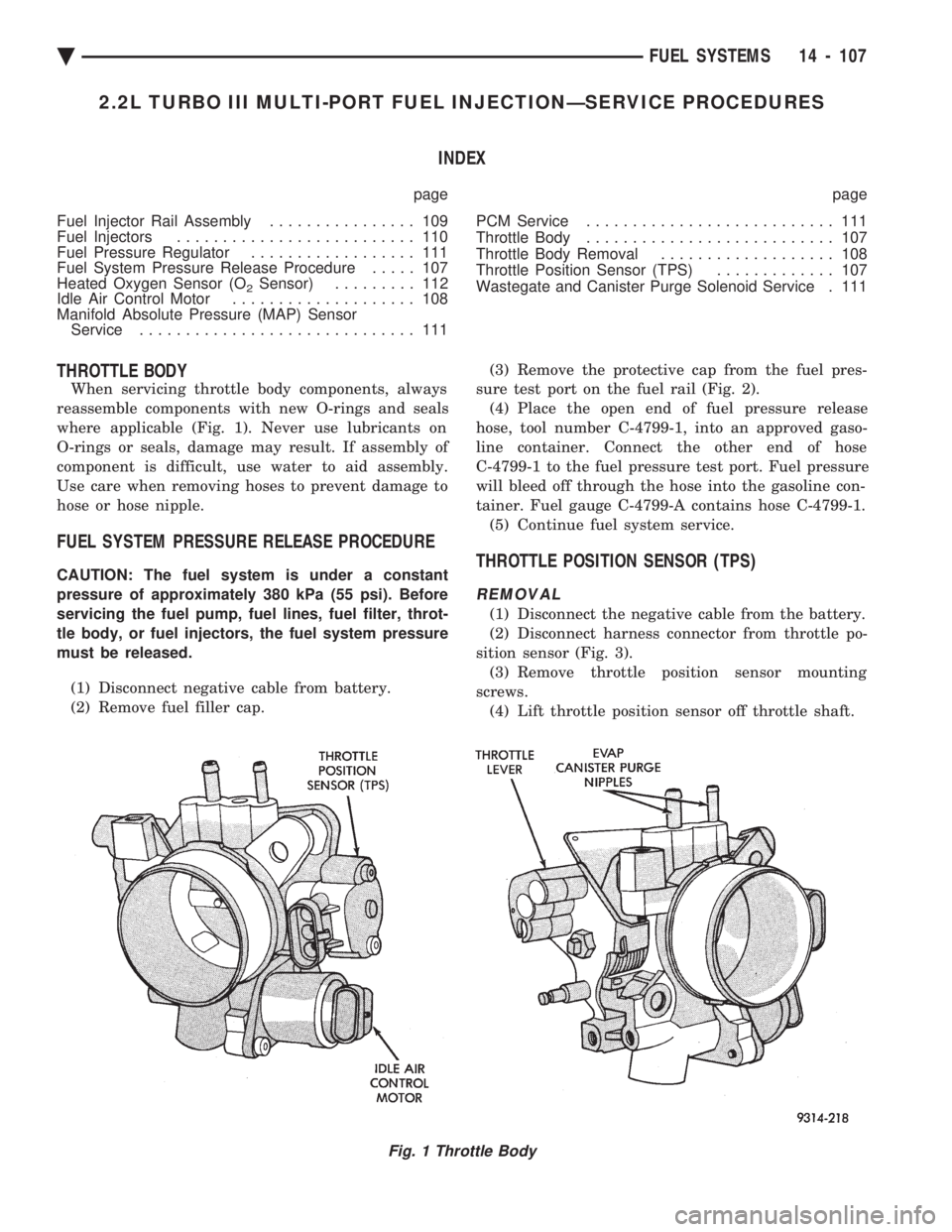 CHEVROLET PLYMOUTH ACCLAIM 1993  Service Manual 2.2L TURBO III MULTI-PORT FUEL INJECTIONÐSERVICE PROCEDURES INDEX
page page 
Fuel Injector Rail Assembly  ................ 109 
Fuel Injectors  .......................... 110 
Fuel Pressure Regulator