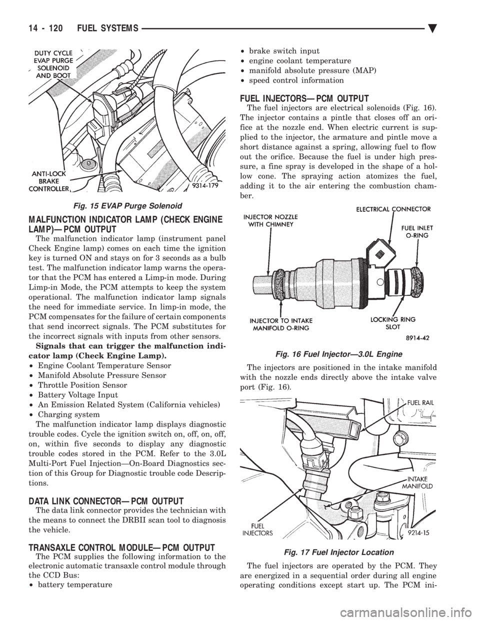CHEVROLET PLYMOUTH ACCLAIM 1993  Service Manual MALFUNCTION INDICATOR LAMP (CHECK ENGINE 
LAMP)ÐPCM OUTPUT
The malfunction indicator lamp (instrument panel 
Check Engine lamp) comes on each time the ignition
key is turned ON and stays on for 3 sec