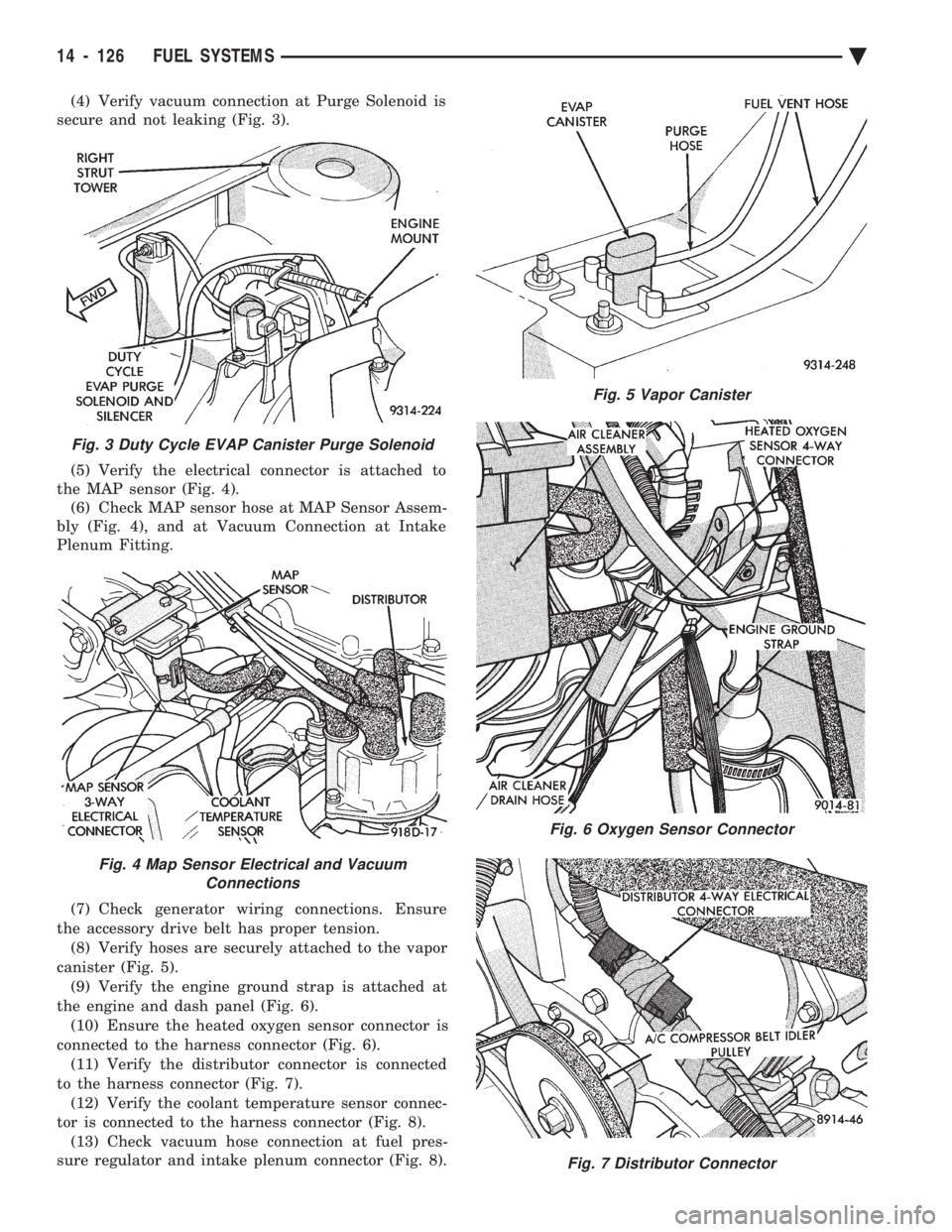 CHEVROLET PLYMOUTH ACCLAIM 1993  Service Manual (4) Verify vacuum connection at Purge Solenoid is 
secure and not leaking (Fig. 3). 
(5) Verify the electrical connector is attached to 
the MAP sensor (Fig. 4). (6) Check MAP sensor hose at MAP Senso