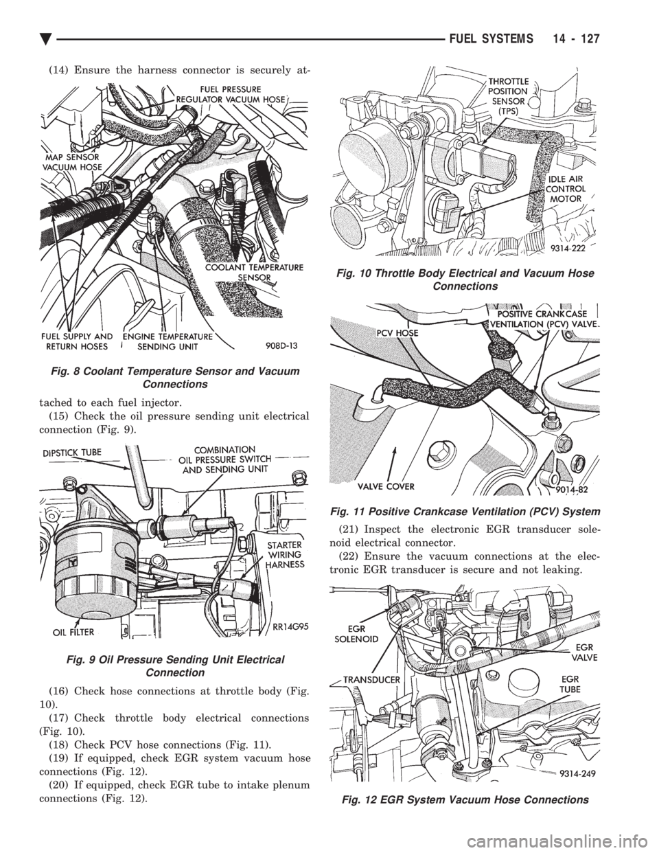 CHEVROLET PLYMOUTH ACCLAIM 1993  Service Manual (14) Ensure the harness connector is securely at- 
tached to each fuel injector.  (15) Check the oil pressure sending unit electrical
connection (Fig. 9). 
(16) Check hose connections at throttle body