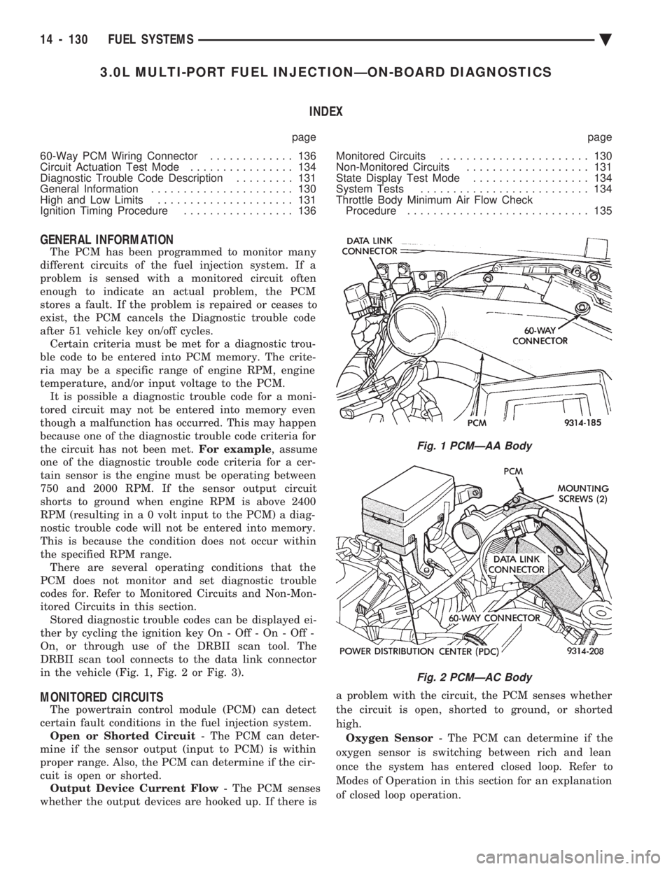 CHEVROLET PLYMOUTH ACCLAIM 1993  Service Manual 3.0L MULTI-PORT FUEL INJECTIONÐON-BOARD DIAGNOSTICS INDEX
page page 
60-Way PCM Wiring Connector  ............. 136 
Circuit Actuation Test Mode  ................ 134 
Diagnostic Trouble Code Descrip