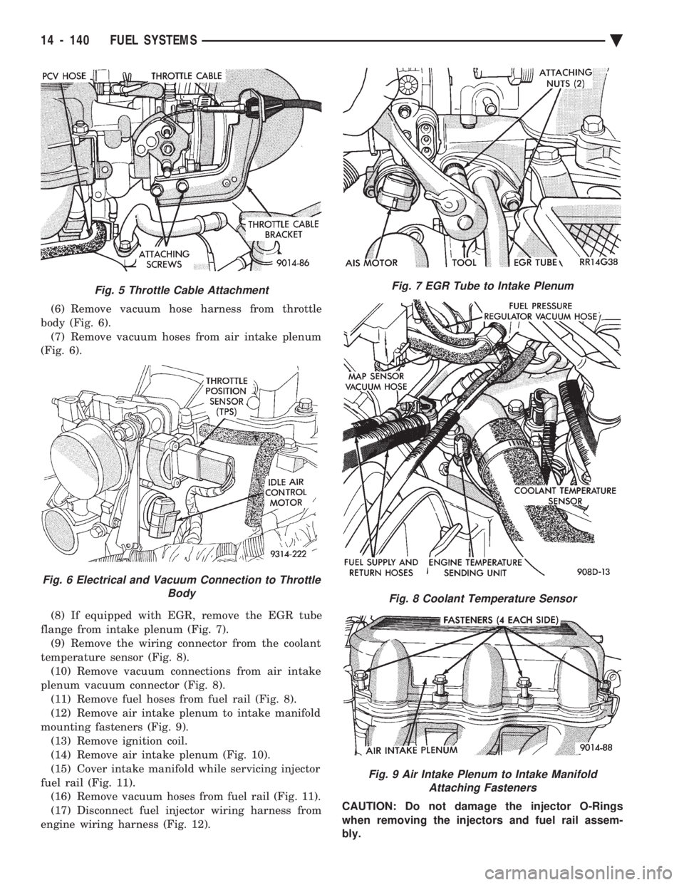 CHEVROLET PLYMOUTH ACCLAIM 1993  Service Manual (6) Remove vacuum hose harness from throttle 
body (Fig. 6). (7) Remove vacuum hoses from air intake plenum
(Fig. 6). 
(8) If equipped with EGR, remove the EGR tube 
flange from intake plenum (Fig. 7)